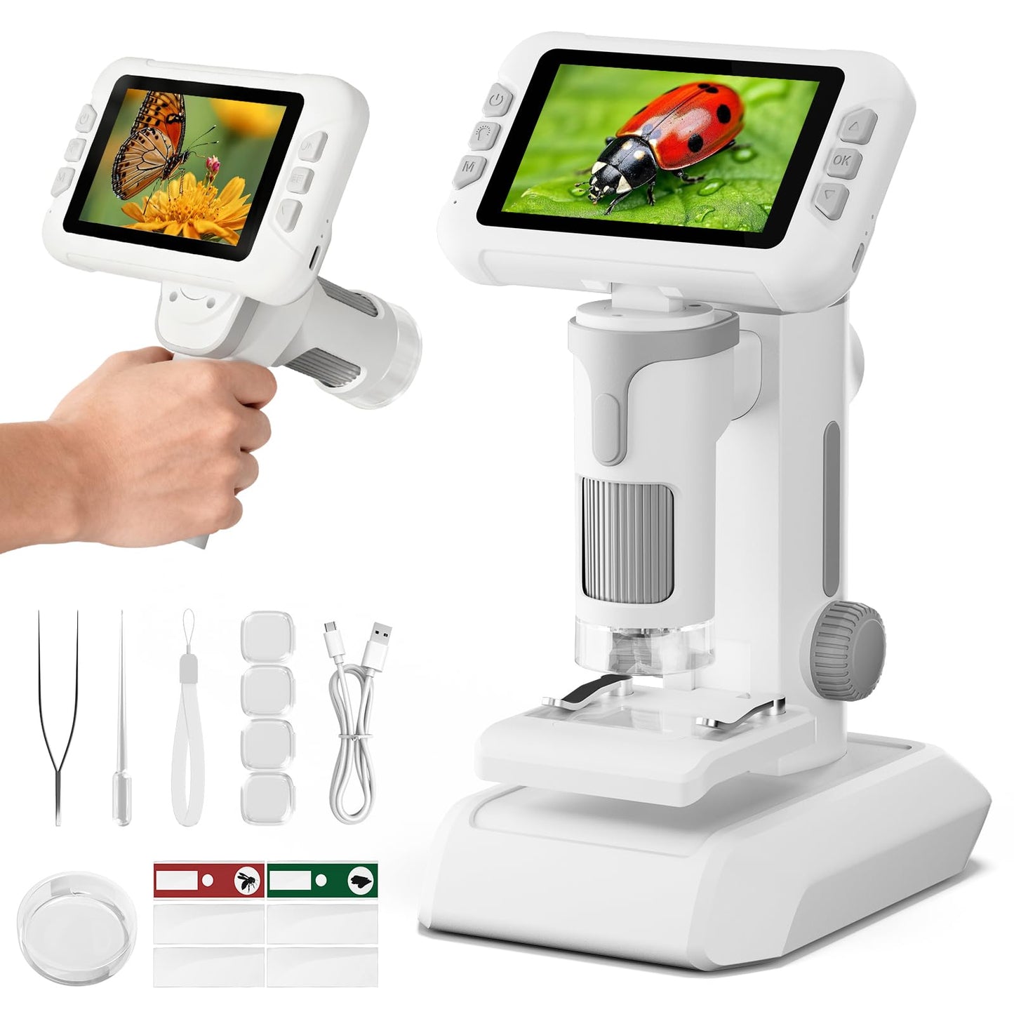 HEWEIMEI 1600X Kids Microscope – 4.0-inch Screen, 1080P Camera, Slides Kit, Educational Toy for ages 3 to 14