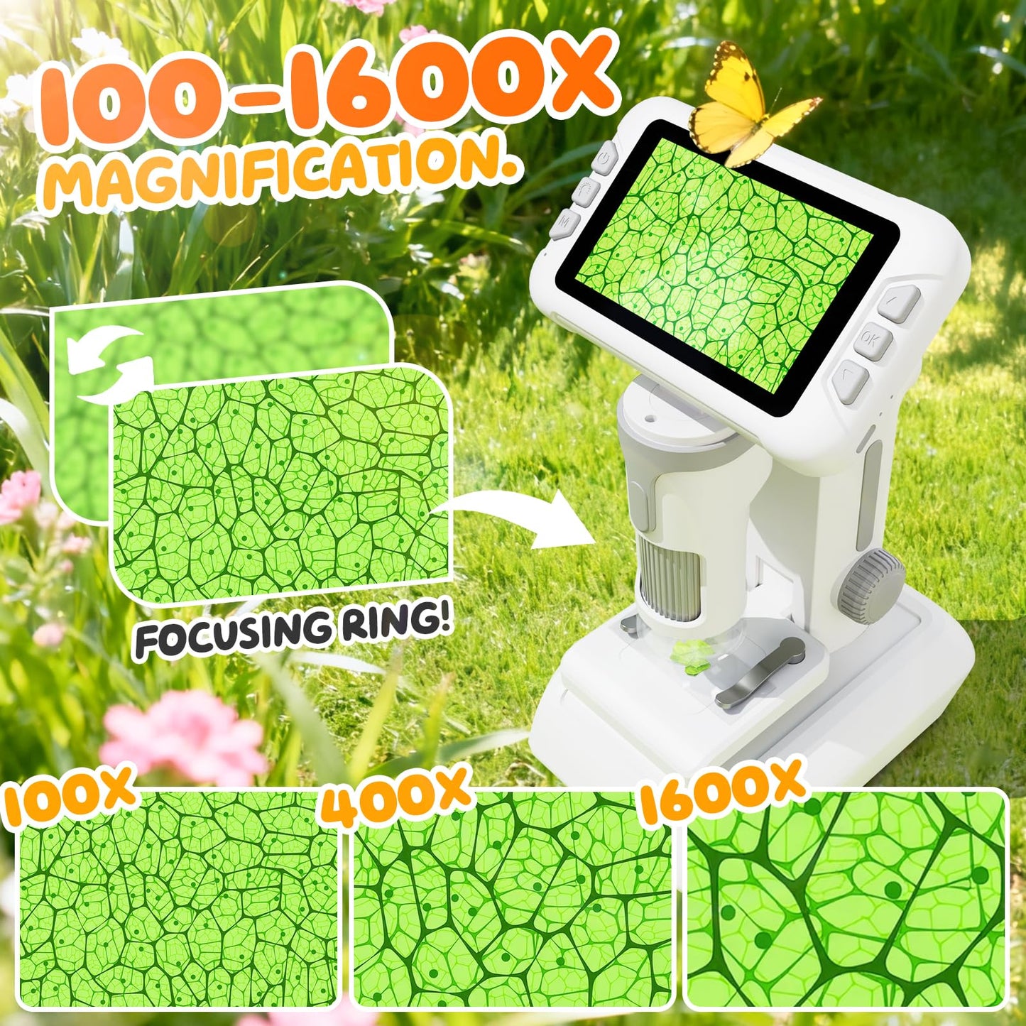 HEWEIMEI 1600X Kids Microscope – 4.0-inch Screen, 1080P Camera, Slides Kit, Educational Toy for ages 3 to 14