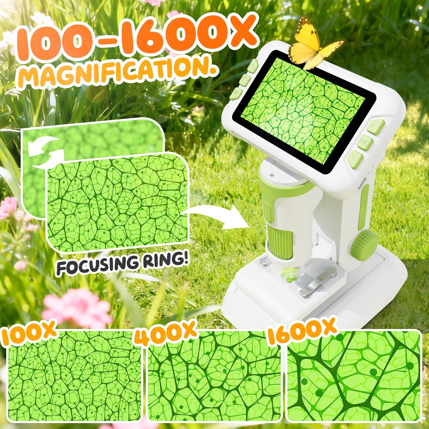 HEWEIMEI 1600X Kids Microscope with 4.0-Inch Screen | 3-in-1 Educational Microscope + Slides Kit