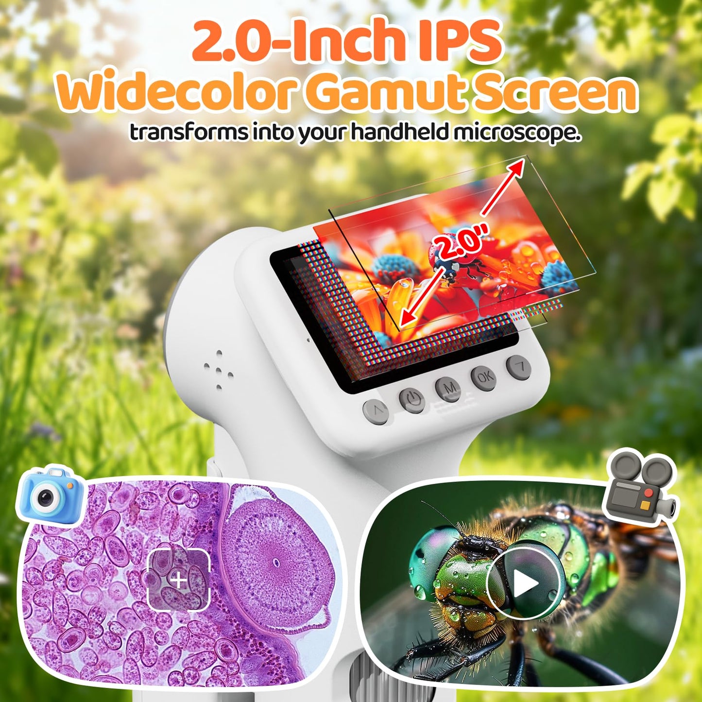 HEWEIMEI 1600X Kids Microscope – 2-Inch Screen, 100x-1600x Magnification, Slides Kit