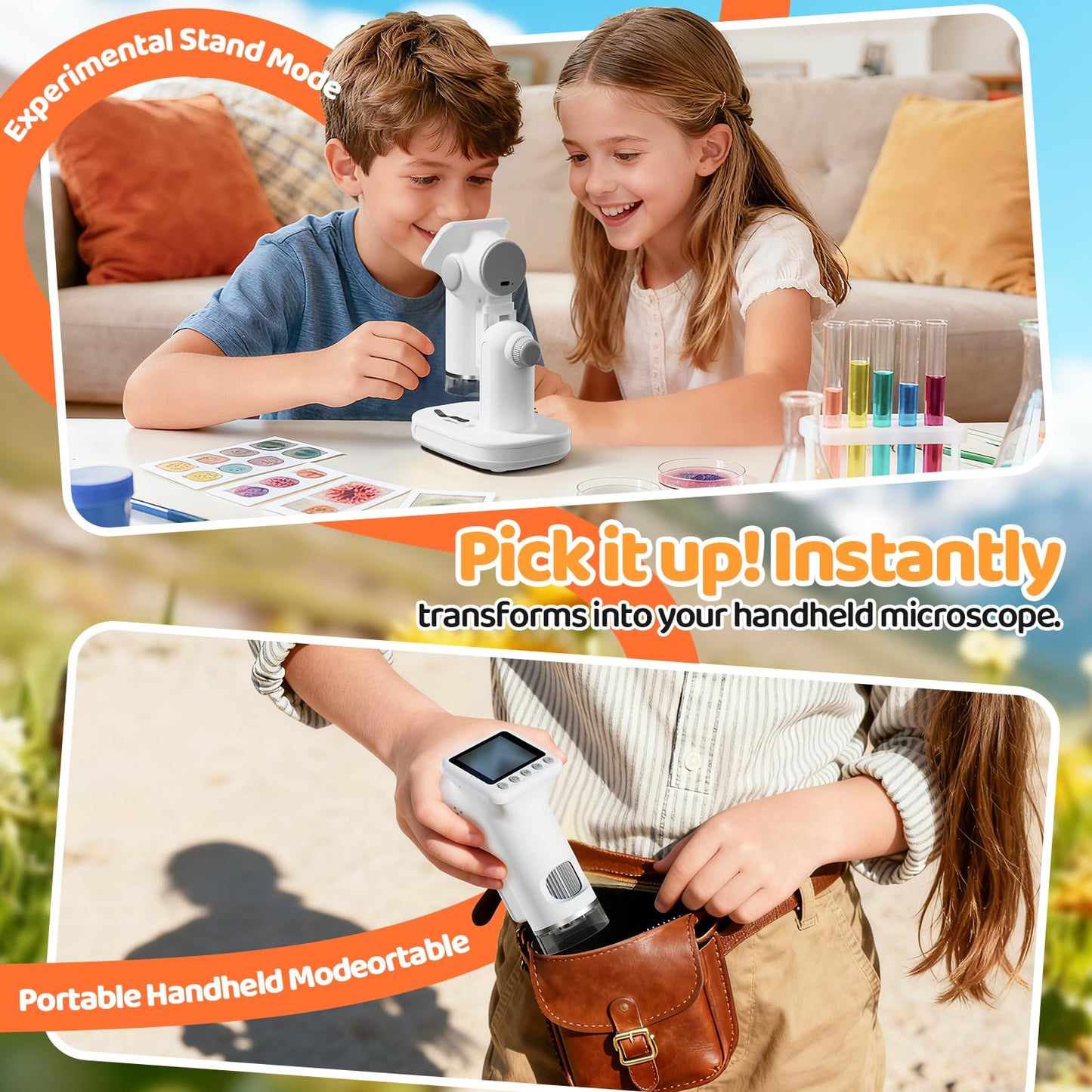 HEWEIMEI 1600X Kids Microscope – 2-Inch Screen, 100x-1600x Magnification, Slides Kit