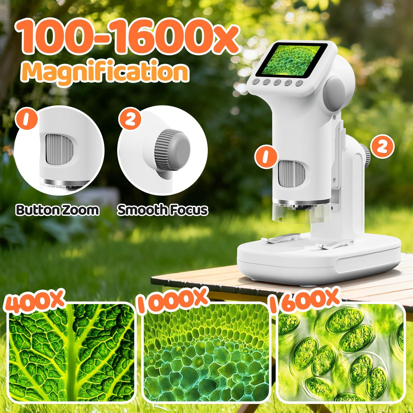 HEWEIMEI 1600X Kids Microscope – 2-Inch Screen, 100x-1600x Magnification, Slides Kit