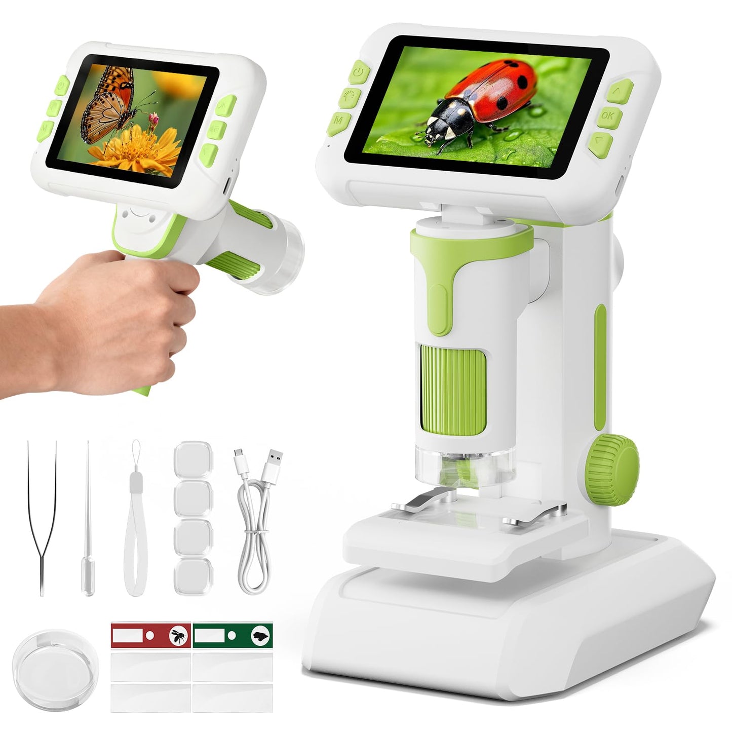 HEWEIMEI 1600X Kids Microscope with 4.0-Inch Screen | 3-in-1 Educational Microscope + Slides Kit