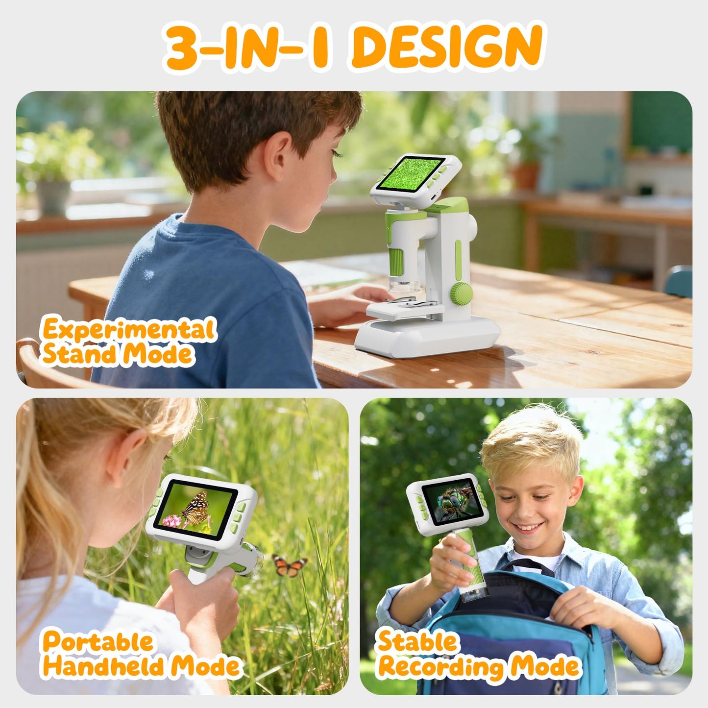 HEWEIMEI 1600X Kids Microscope with 4.0-Inch Screen | 3-in-1 Educational Microscope + Slides Kit