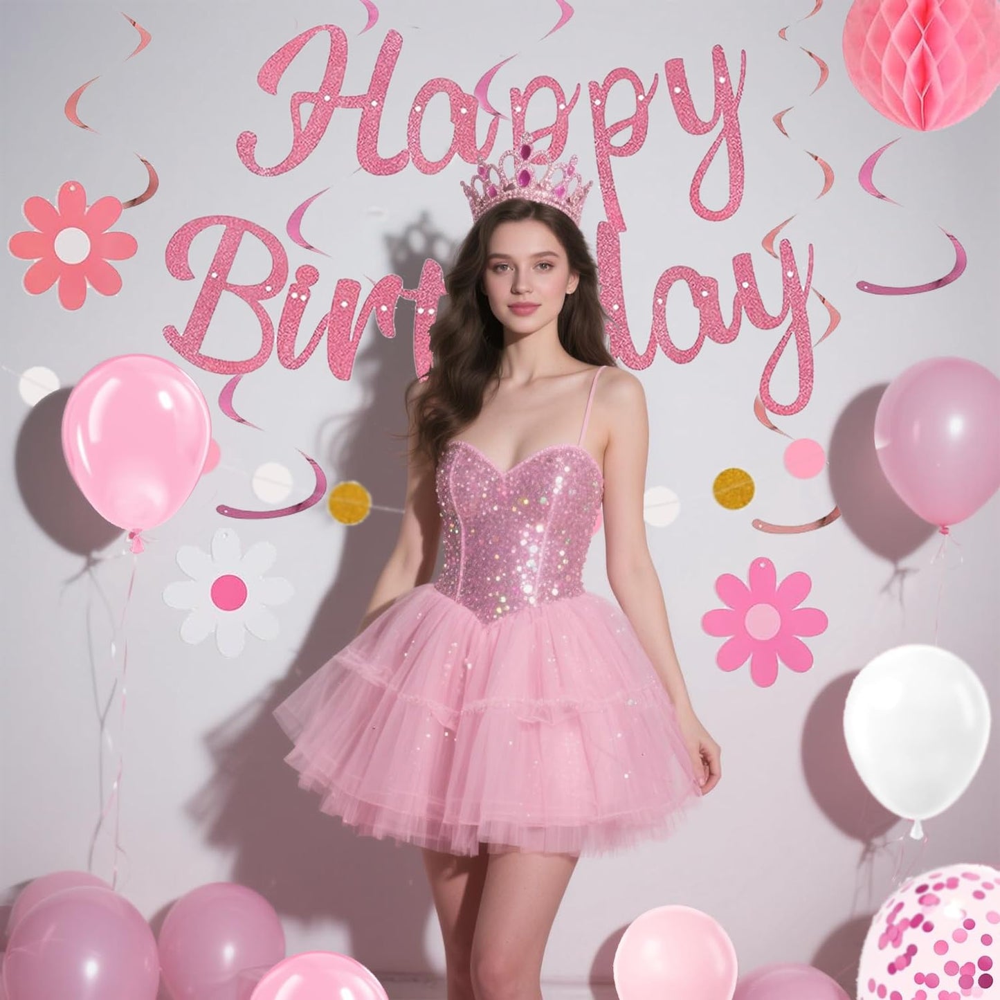 HEWUAUL Pre-Strung Pink Birthday Decorations Kit for Women – Backdrop, Balloons & Glitter Banner