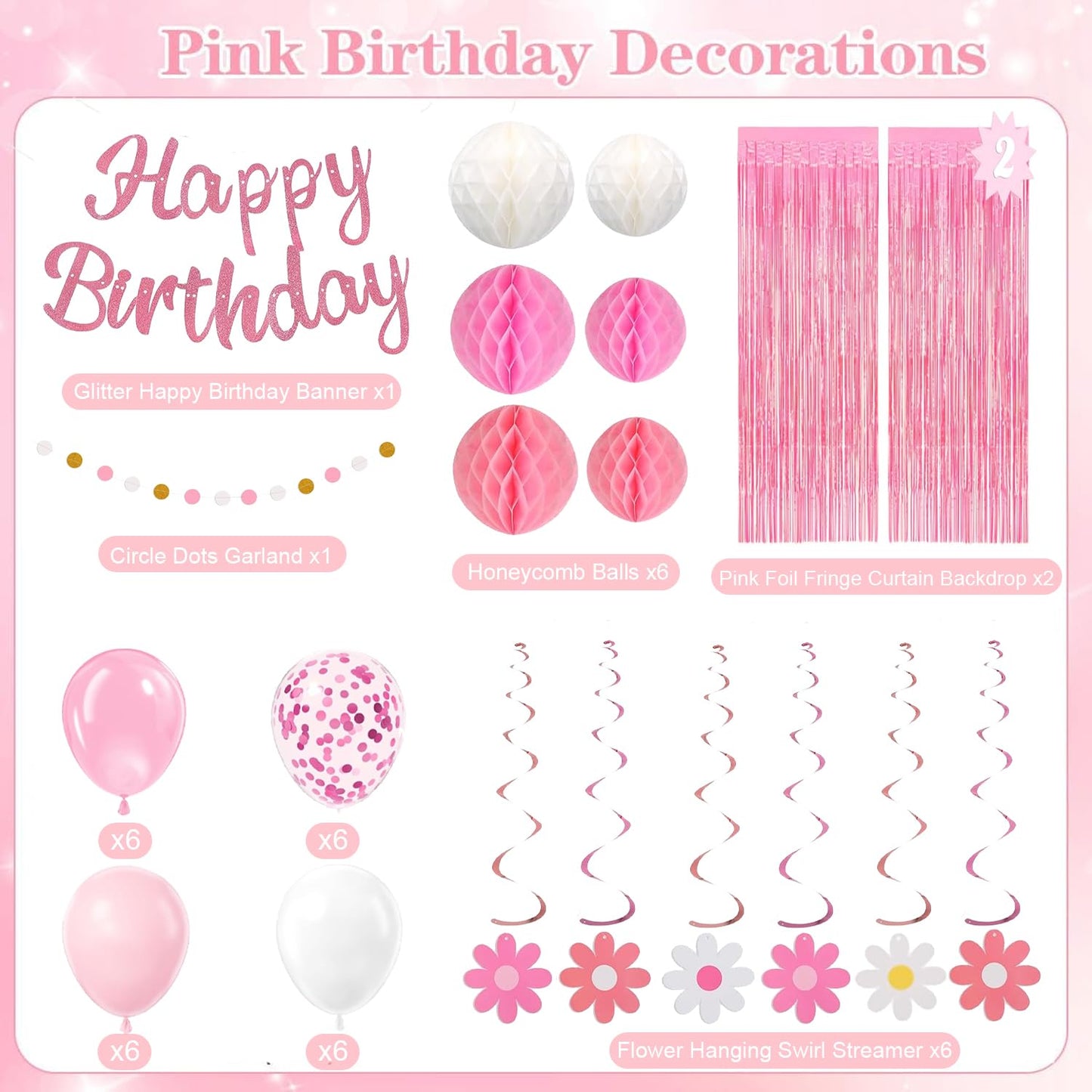 HEWUAUL Pre-Strung Pink Birthday Decorations Kit for Women – Backdrop, Balloons & Glitter Banner