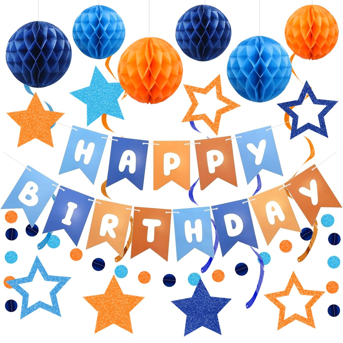 HEWUAUL Pre-Strung Happy Birthday Banner Kit – Orange & Blue Decorations