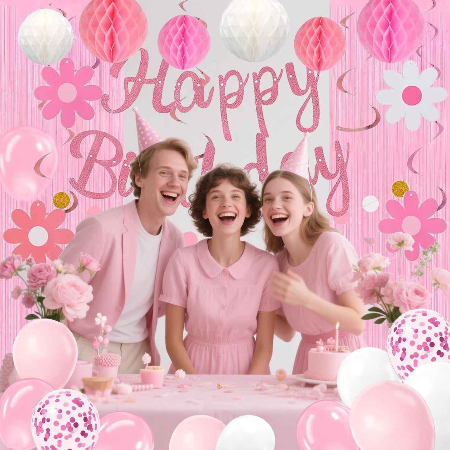 HEWUAUL Pre-Strung Pink Birthday Decorations Kit for Women – Backdrop, Balloons & Glitter Banner