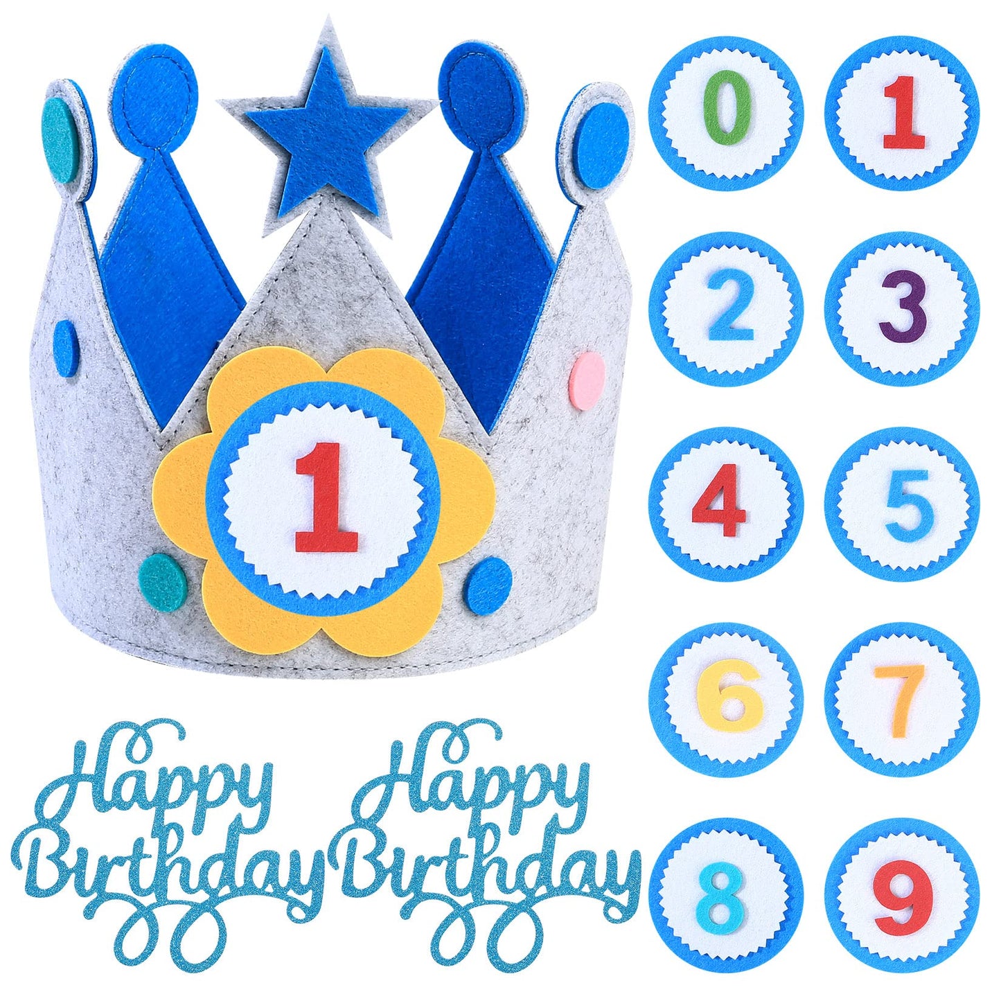 HexinYigjly Kids Birthday Crown – Adjustable Felt with 0-9 Numbers and 3D Stickers