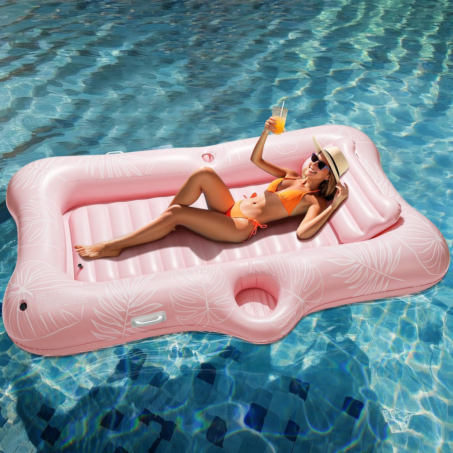 HeySplash Inflatable Pool Float Lounge – Large 210x128 cm with Cup Holder & Pillow (Pink Leaf)