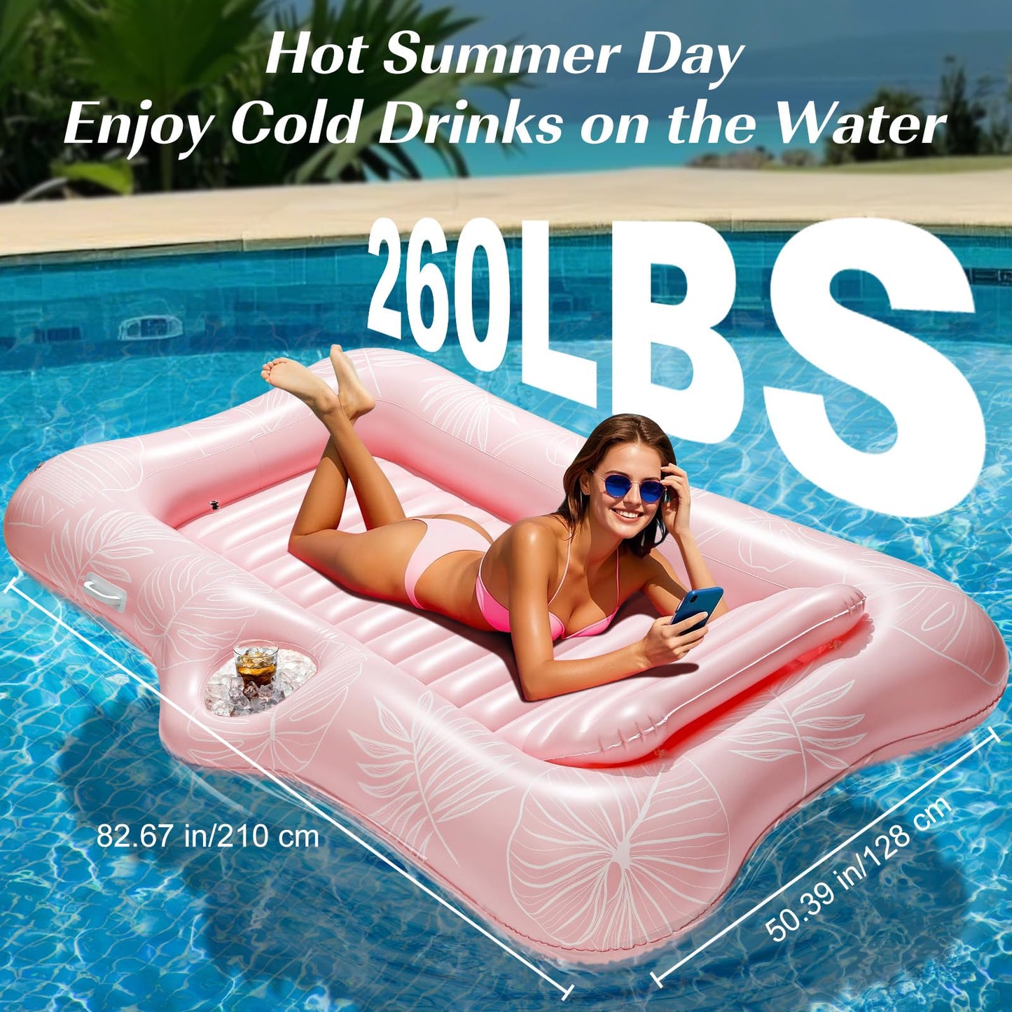 HeySplash Inflatable Pool Float Lounge – Large 210x128 cm with Cup Holder & Pillow (Pink Leaf)