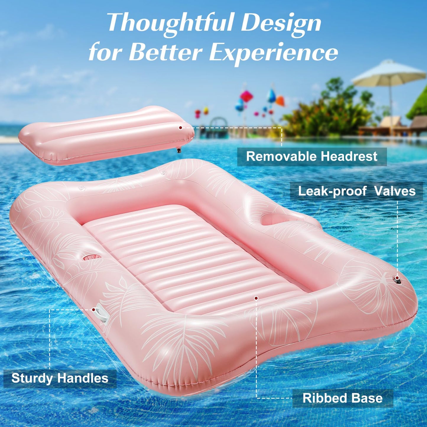 HeySplash Inflatable Pool Float Lounge – Large 210x128 cm with Cup Holder & Pillow (Pink Leaf)