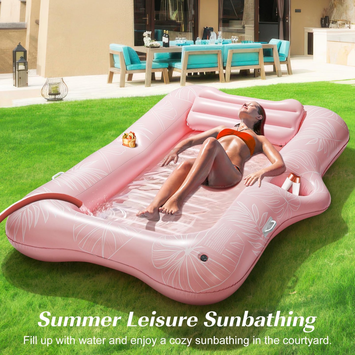 HeySplash Inflatable Pool Float Lounge – Large 210x128 cm with Cup Holder & Pillow (Pink Leaf)