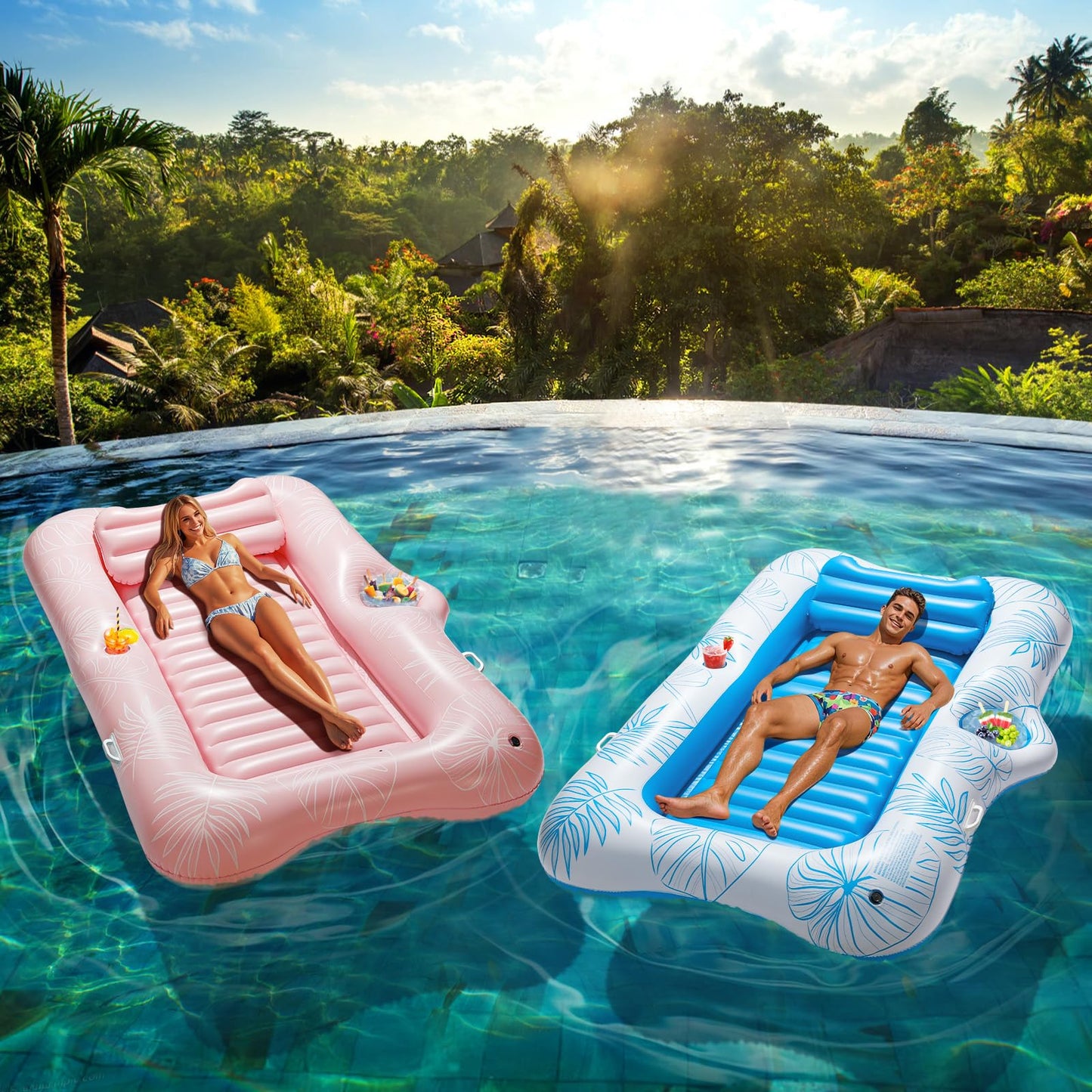 HeySplash Inflatable Pool Float Lounge – Large 210x128 cm with Cup Holder & Pillow (Pink Leaf)