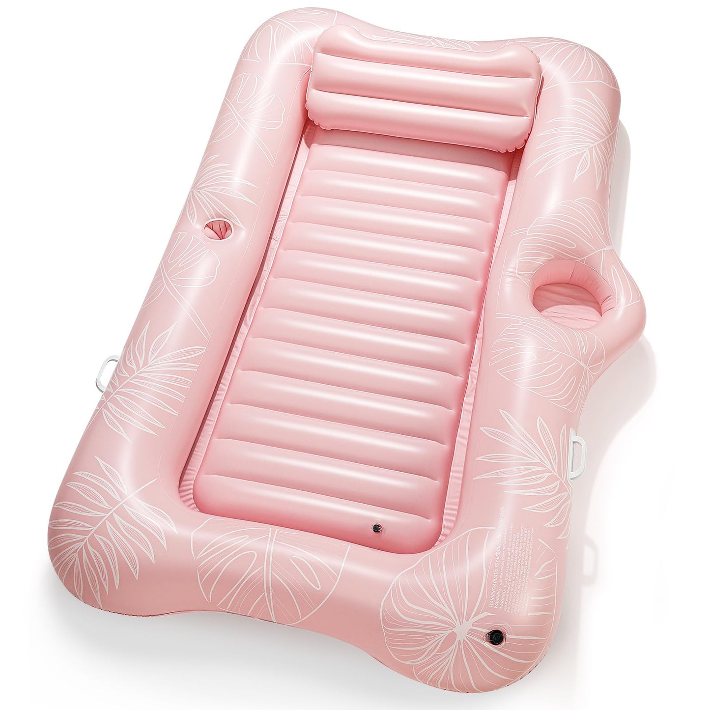 HeySplash Inflatable Pool Float Lounge – Large 210x128 cm with Cup Holder & Pillow (Pink Leaf)