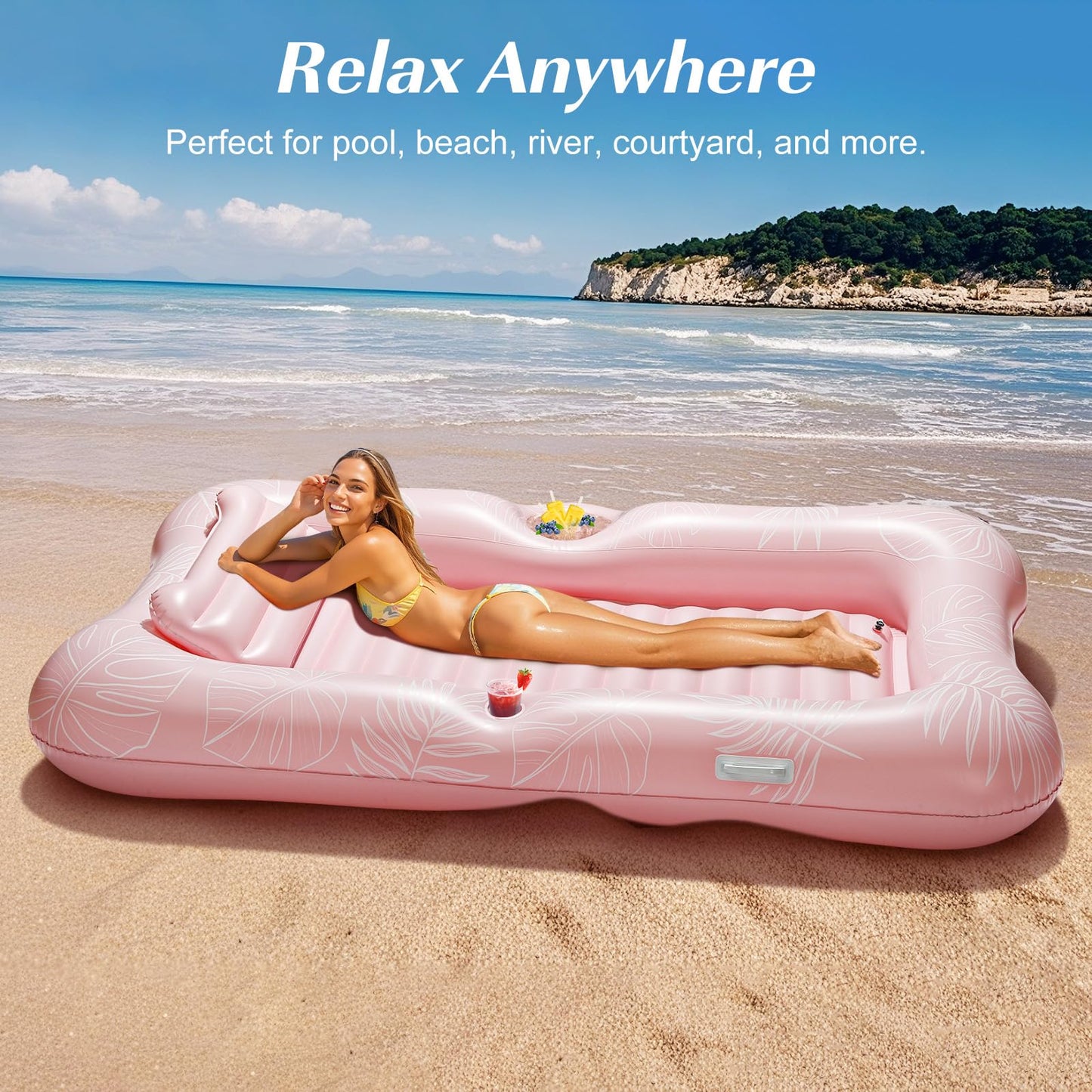 HeySplash Inflatable Pool Float Lounge – Large 210x128 cm with Cup Holder & Pillow (Pink Leaf)