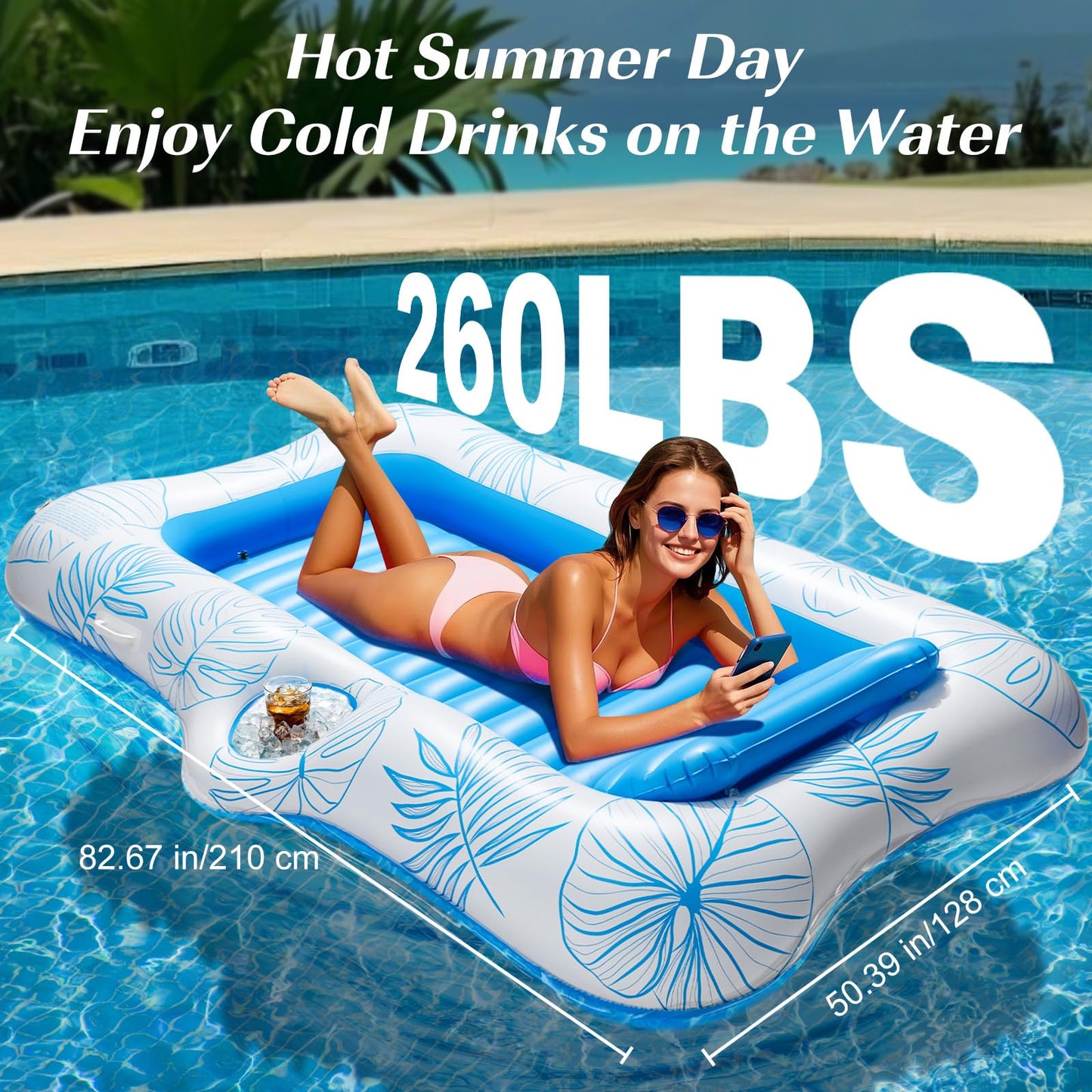 HeySplash Inflatable Pool Float for Adults – Large Sunbathing Lounger with Removable Pillow & Cup Holders