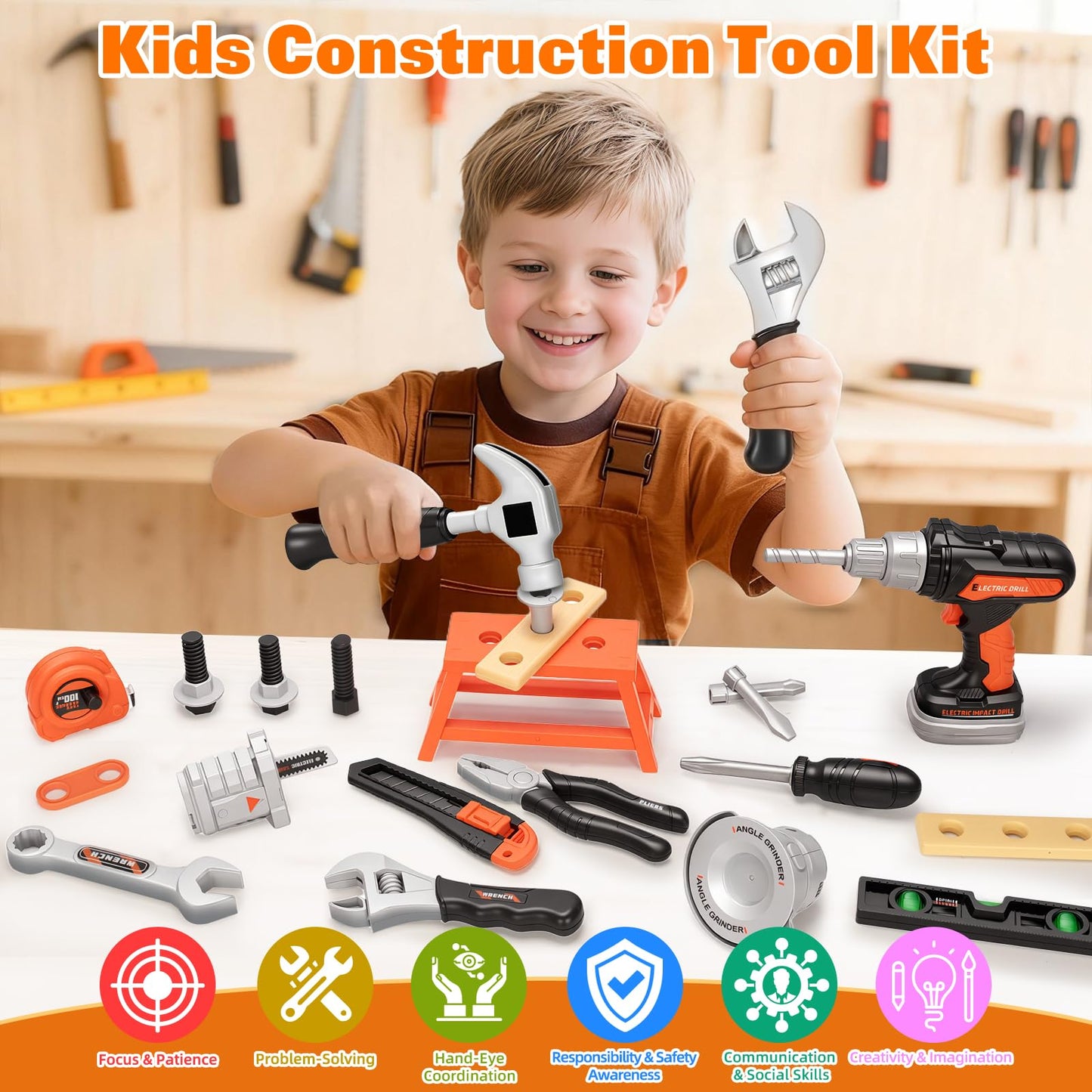 Heygelo 50-Piece Kids Tool Set – Pretend Play Construction Kit with Portable Toolbox & Electric Drill (Ages 3-8)