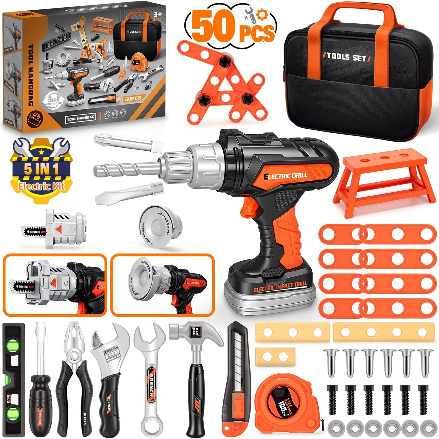 Heygelo 50-Piece Kids Tool Set – Pretend Play Construction Kit with Portable Toolbox & Electric Drill (Ages 3-8)