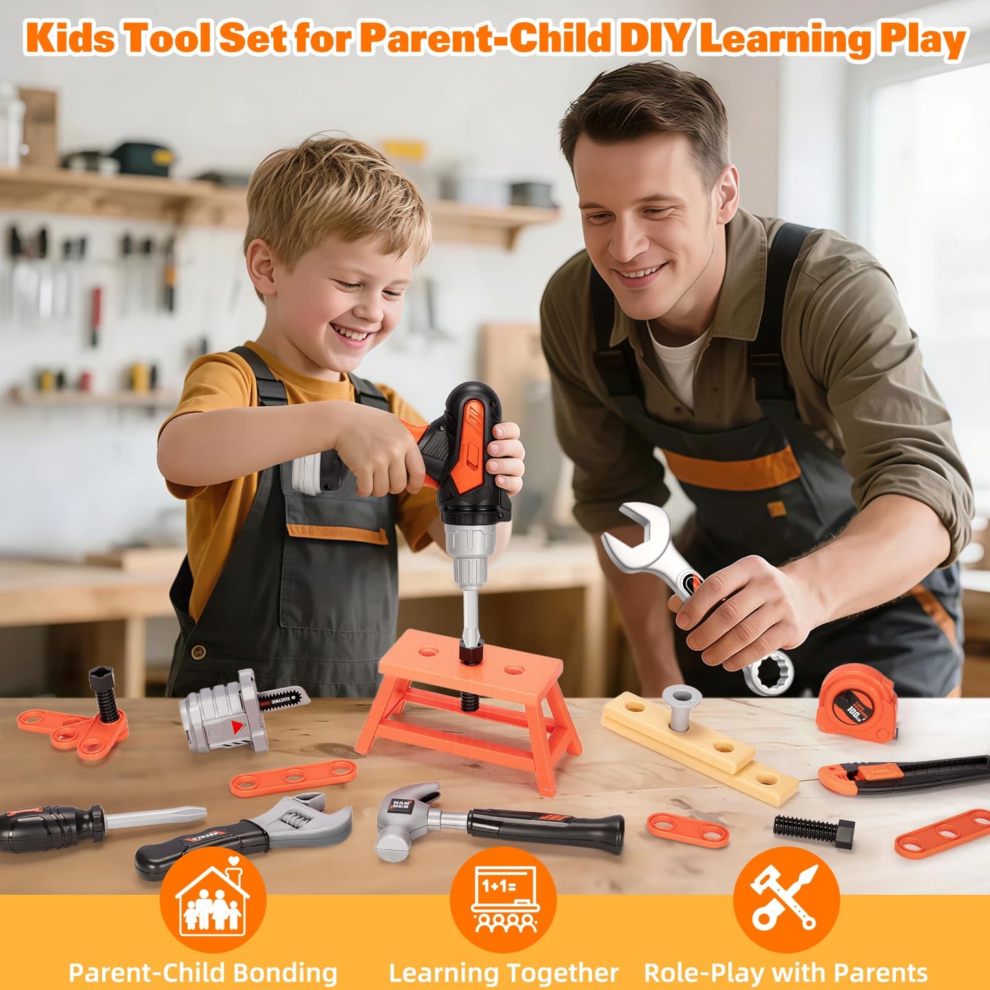 Heygelo 50-Piece Kids Tool Set – Pretend Play Construction Kit with Portable Toolbox & Electric Drill (Ages 3-8)