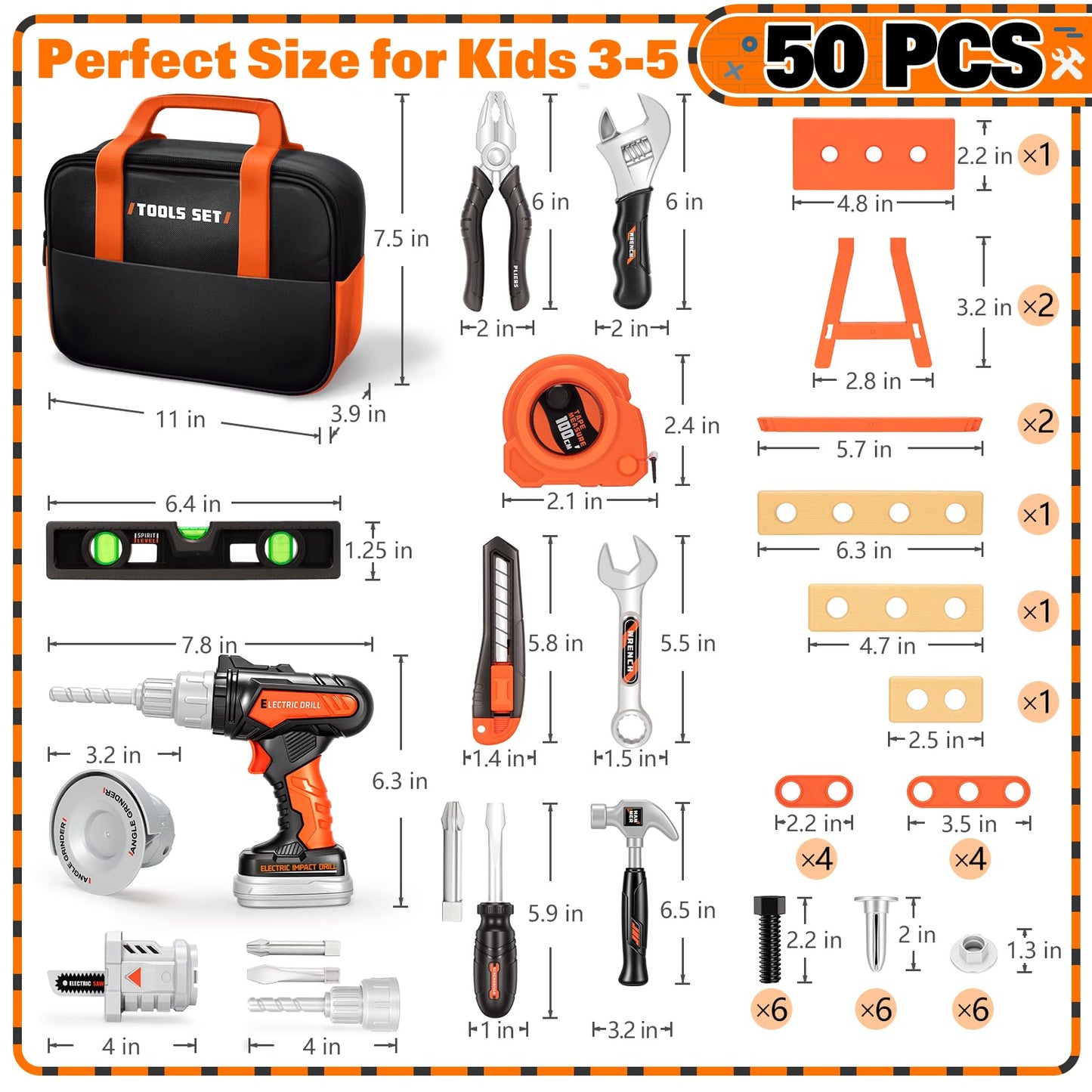 Heygelo 50-Piece Kids Tool Set – Pretend Play Construction Kit with Portable Toolbox & Electric Drill (Ages 3-8)