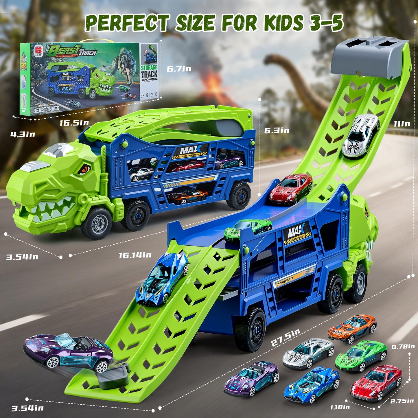 HeyGelo Dinosaur Truck Toys for Kids 3-5 – 3-in-1 Transporter with 6 Die-Cast Cars (Jungle Blue)