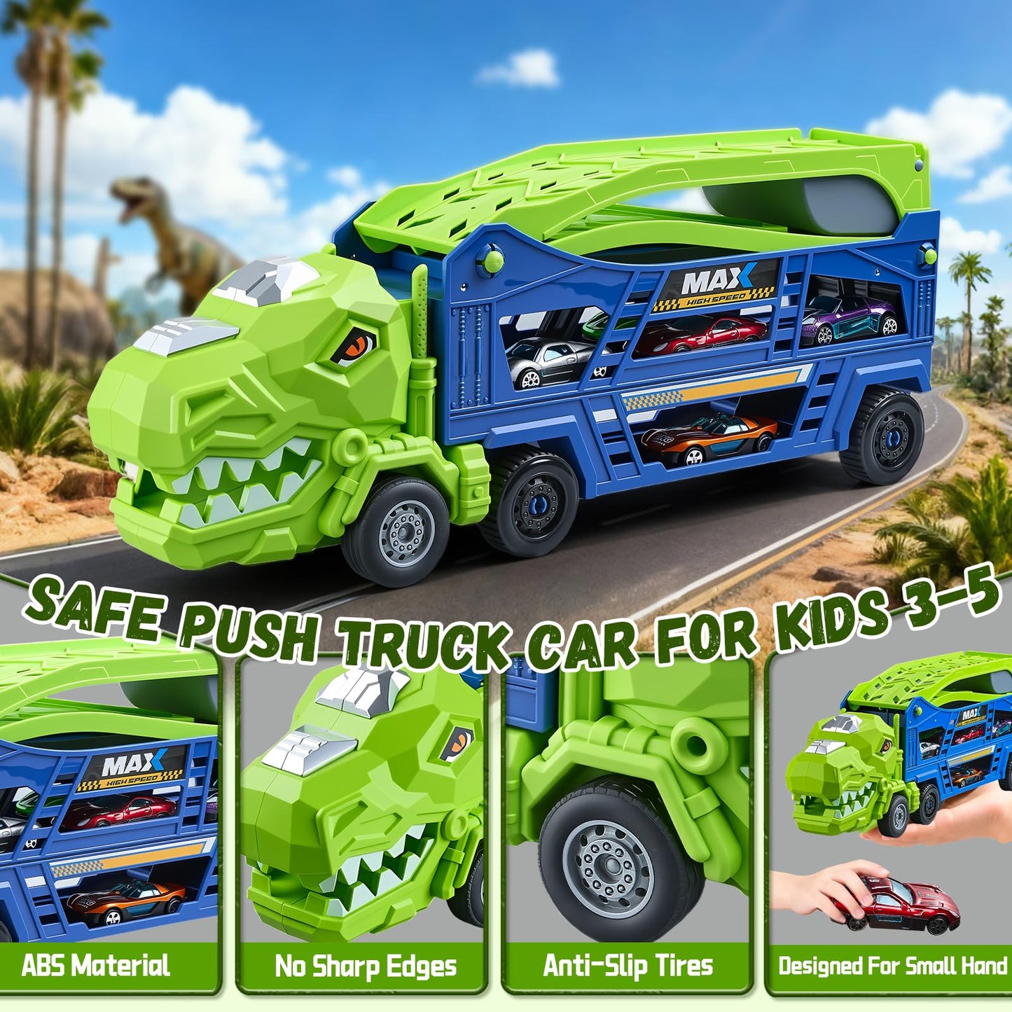 HeyGelo Dinosaur Truck Toys for Kids 3-5 – 3-in-1 Transporter with 6 Die-Cast Cars (Jungle Blue)