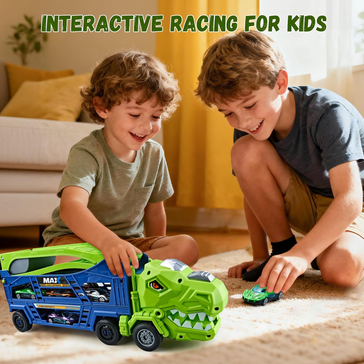 HeyGelo Dinosaur Truck Toys for Kids 3-5 – 3-in-1 Transporter with 6 Die-Cast Cars (Jungle Blue)