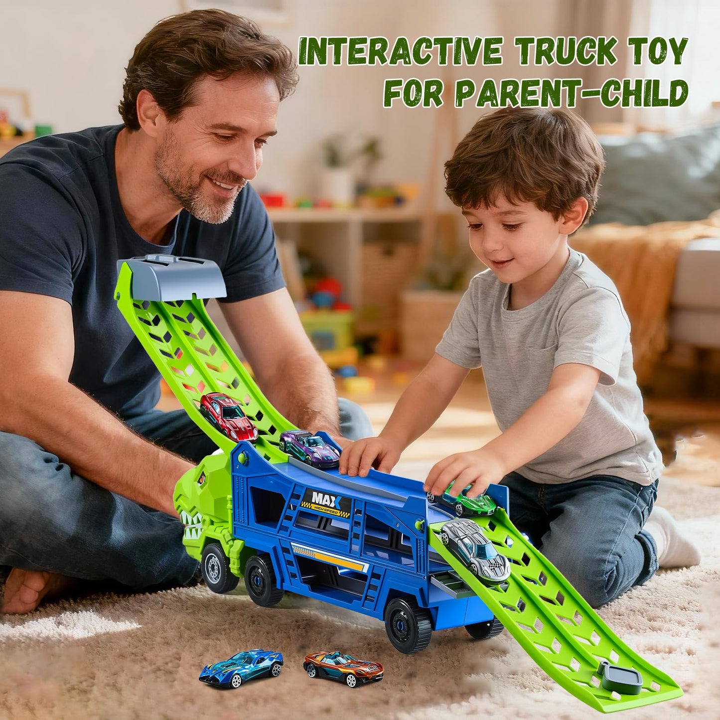 HeyGelo Dinosaur Truck Toys for Kids 3-5 – 3-in-1 Transporter with 6 Die-Cast Cars (Jungle Blue)