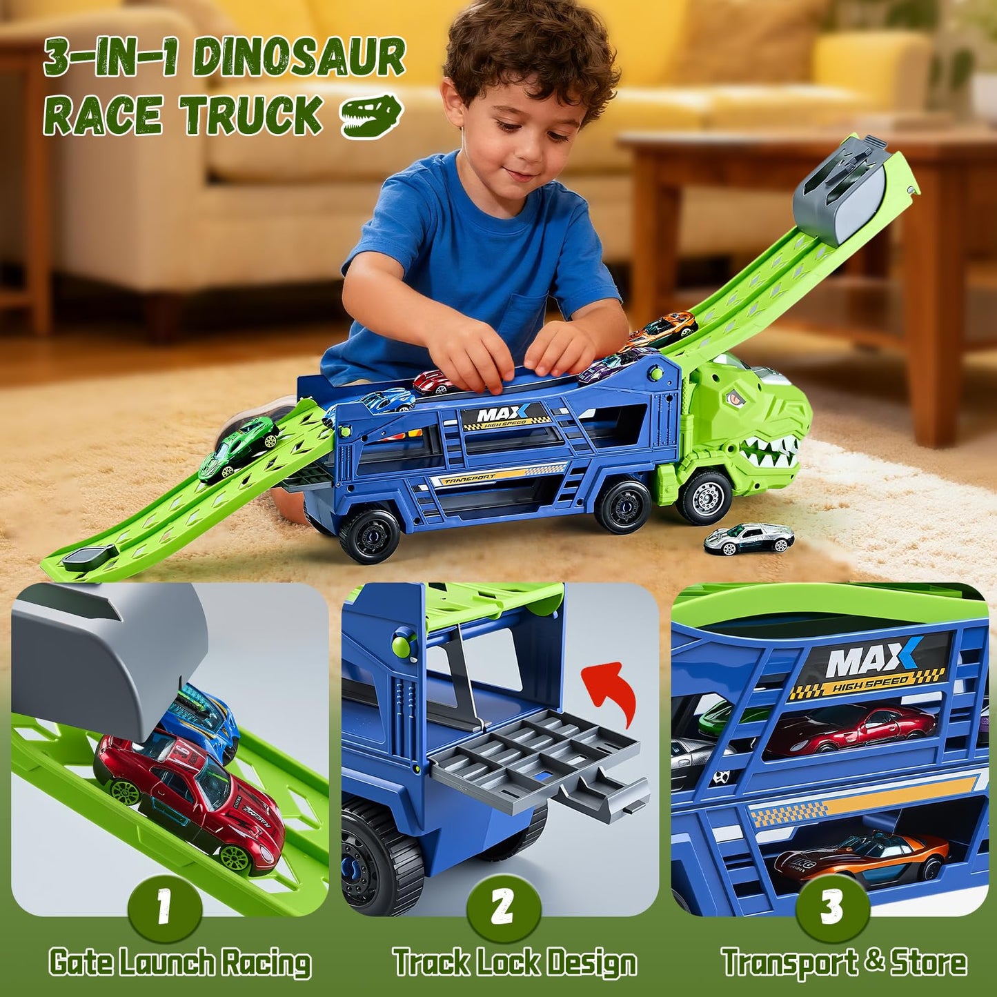 HeyGelo Dinosaur Truck Toys for Kids 3-5 – 3-in-1 Transporter with 6 Die-Cast Cars (Jungle Blue)