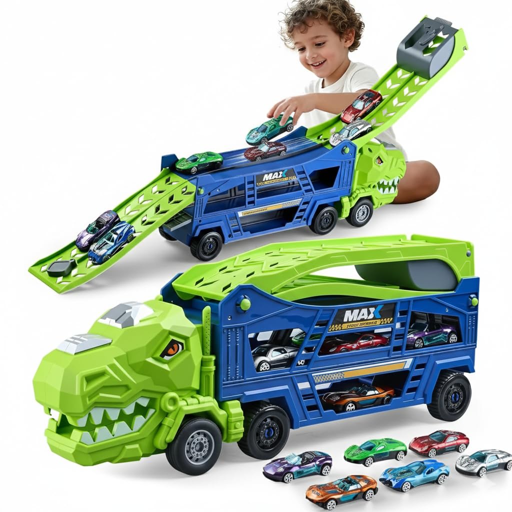 HeyGelo Dinosaur Truck Toys for Kids 3-5 – 3-in-1 Transporter with 6 Die-Cast Cars (Jungle Blue)