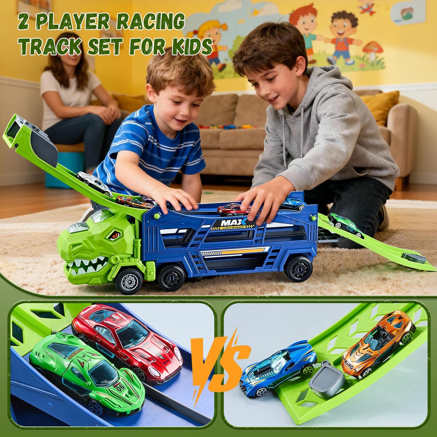 HeyGelo Dinosaur Truck Toys for Kids 3-5 – 3-in-1 Transporter with 6 Die-Cast Cars (Jungle Blue)