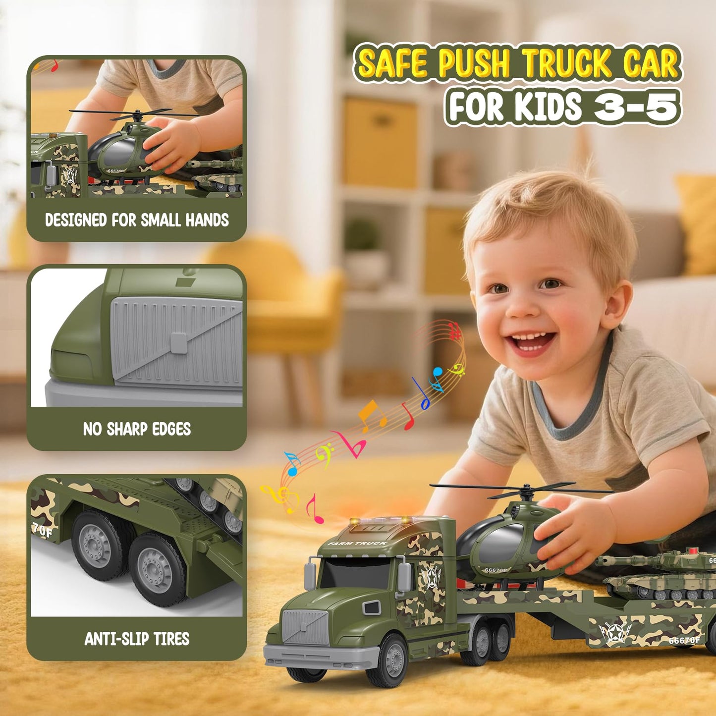 heygelo 3-in-1 toddler army truck set – 27-inch large friction-powered vehicle with lights and sounds