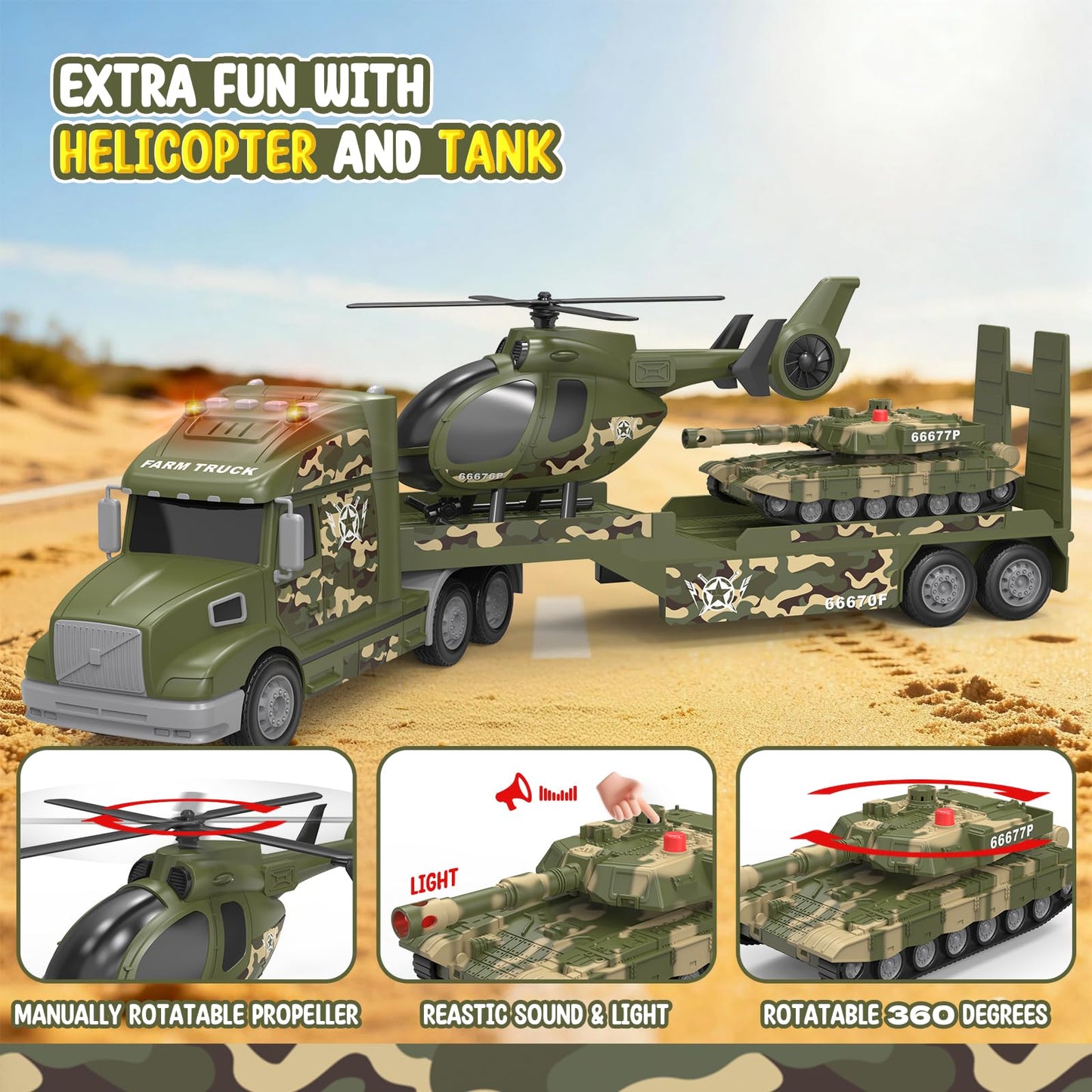 heygelo 3-in-1 toddler army truck set – 27-inch large friction-powered vehicle with lights and sounds