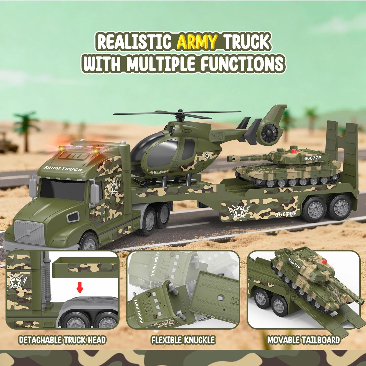 heygelo 3-in-1 toddler army truck set – 27-inch large friction-powered vehicle with lights and sounds