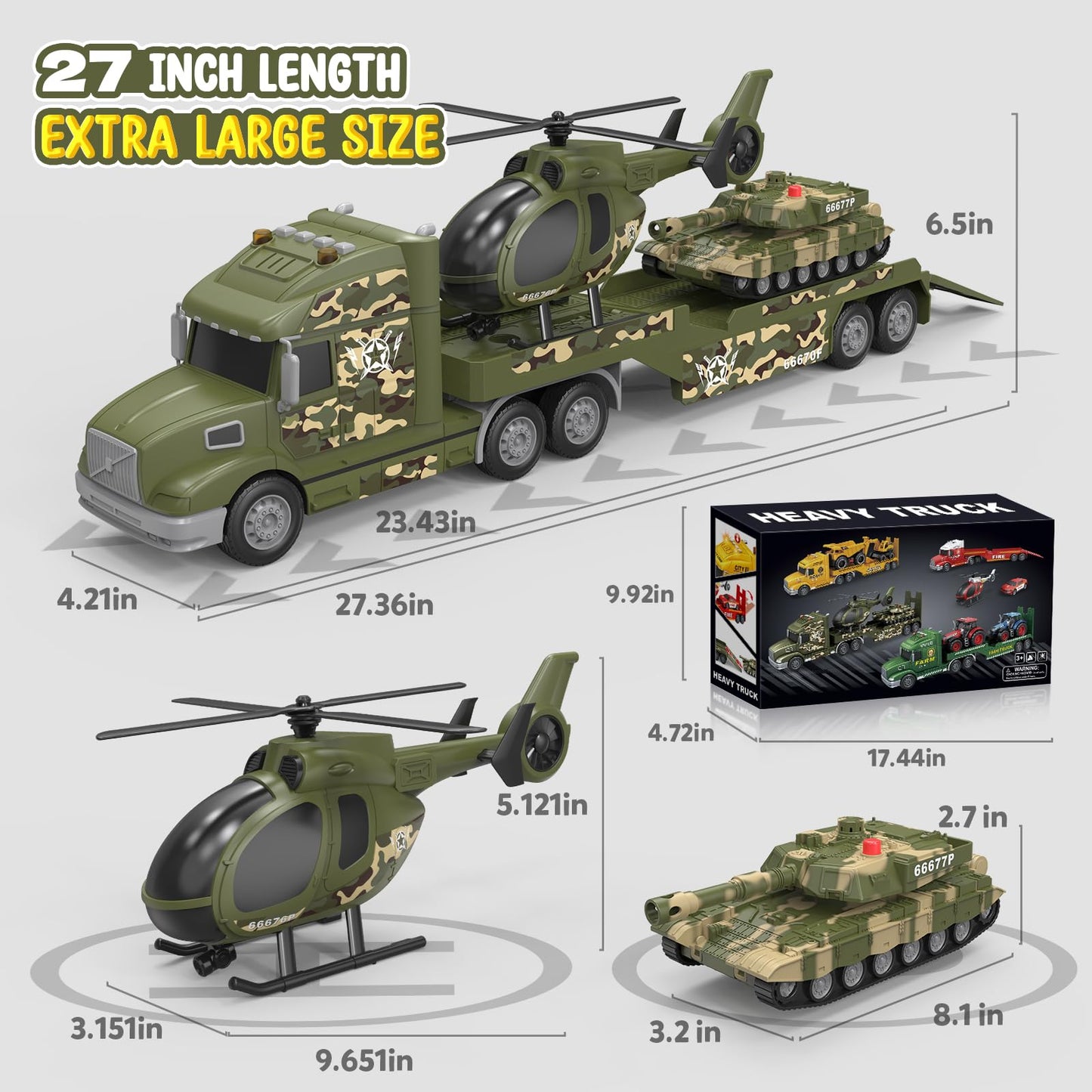 heygelo 3-in-1 toddler army truck set – 27-inch large friction-powered vehicle with lights and sounds