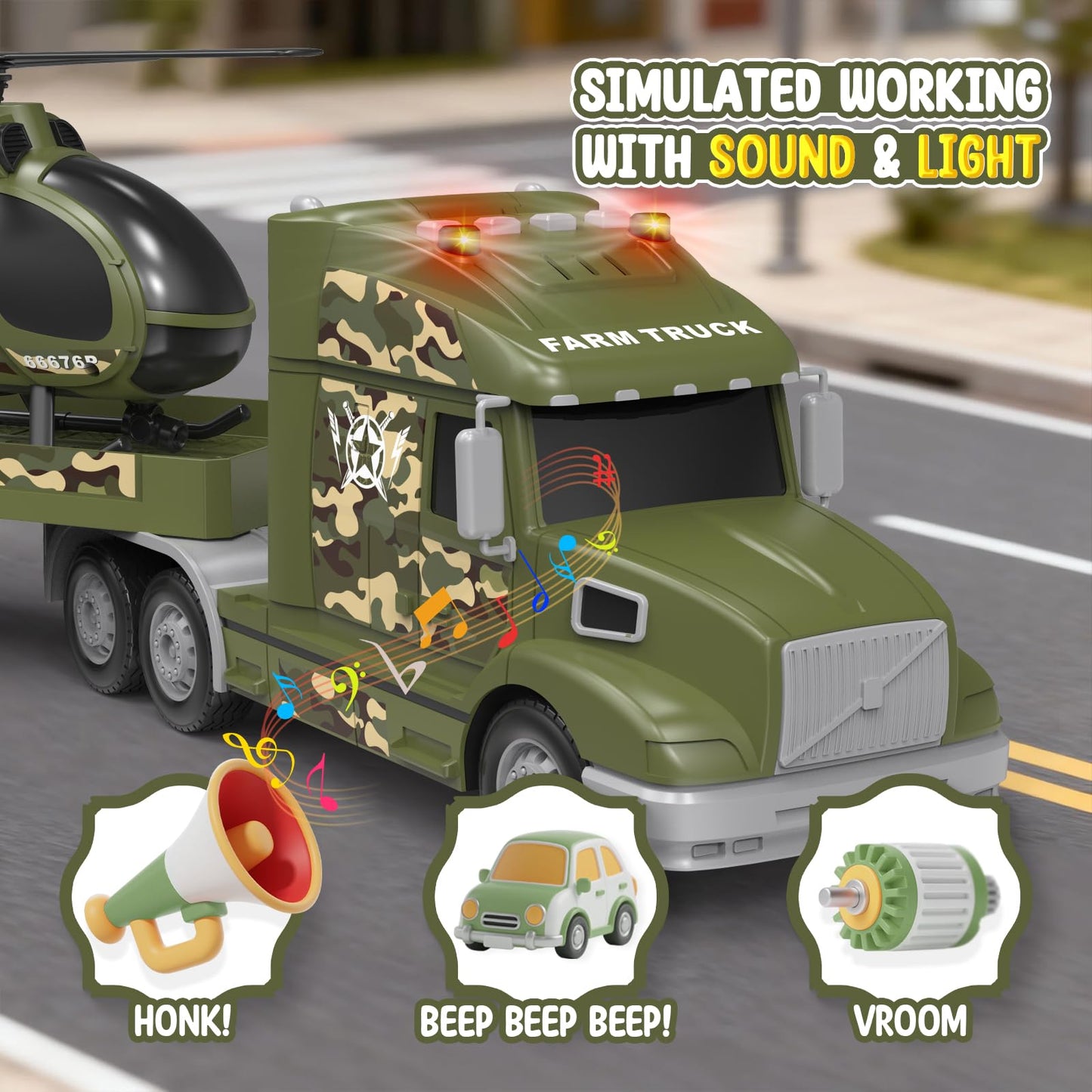 heygelo 3-in-1 toddler army truck set – 27-inch large friction-powered vehicle with lights and sounds