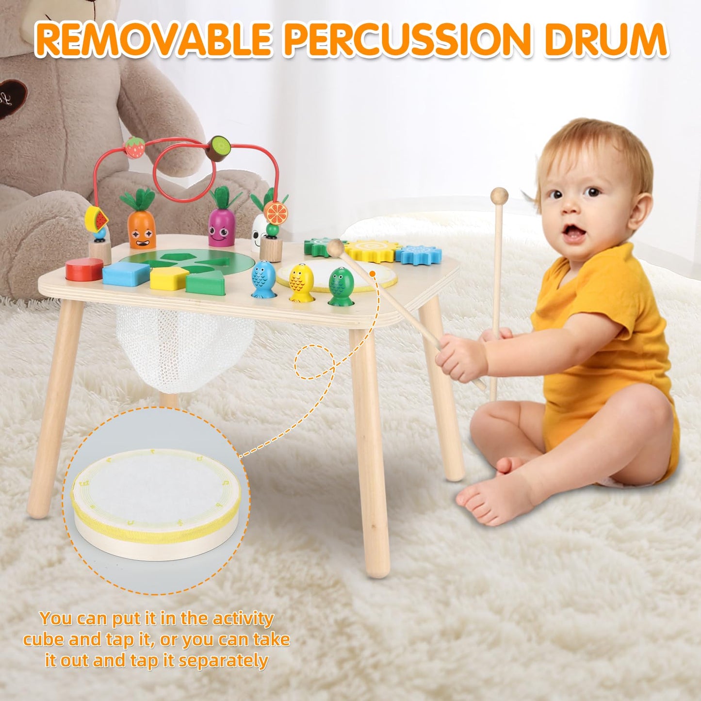 HEYLANDU 7-in-1 Wooden Montessori Activity Table for Toddlers — Drum, Bead Maze, Shape Sorter & More