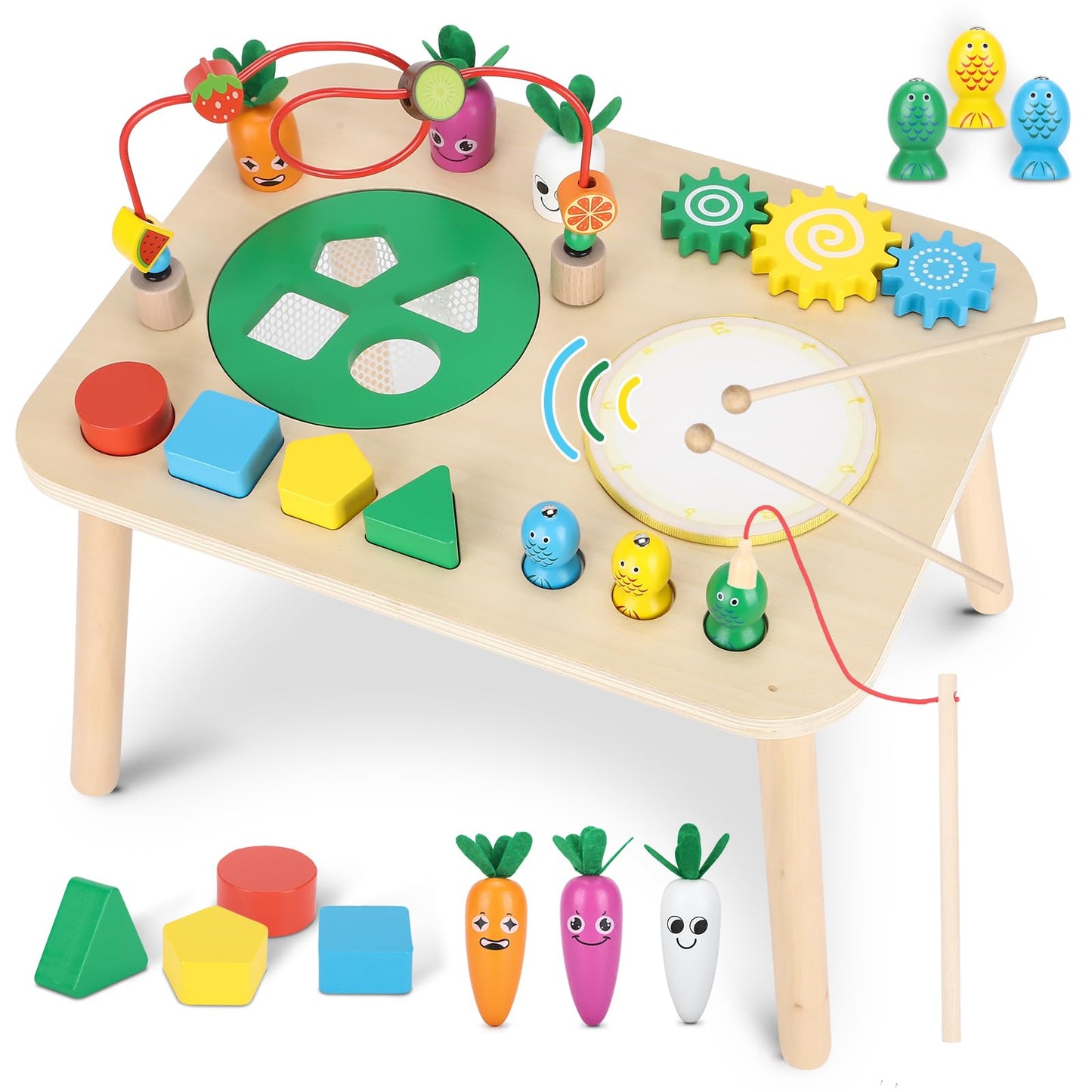 HEYLANDU 7-in-1 Wooden Montessori Activity Table for Toddlers — Drum, Bead Maze, Shape Sorter & More
