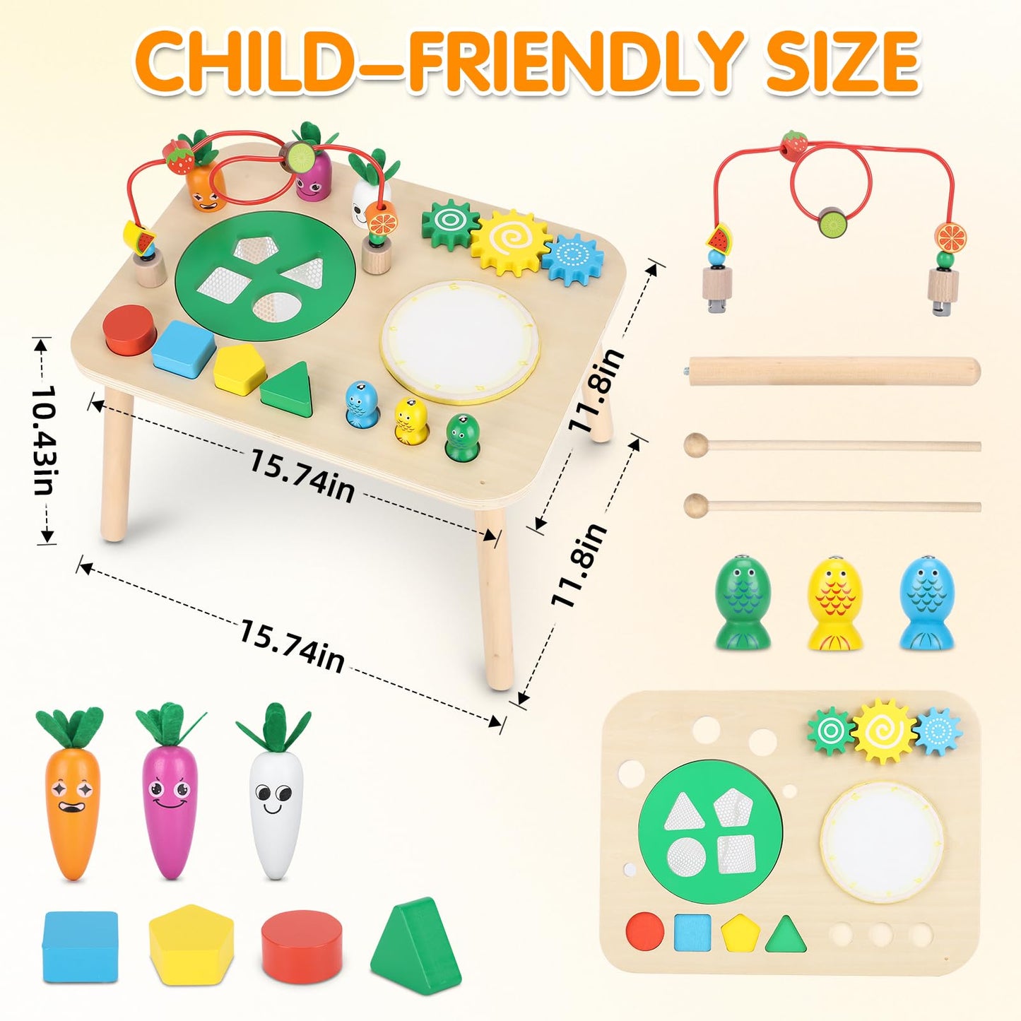 HEYLANDU 7-in-1 Wooden Montessori Activity Table for Toddlers — Drum, Bead Maze, Shape Sorter & More