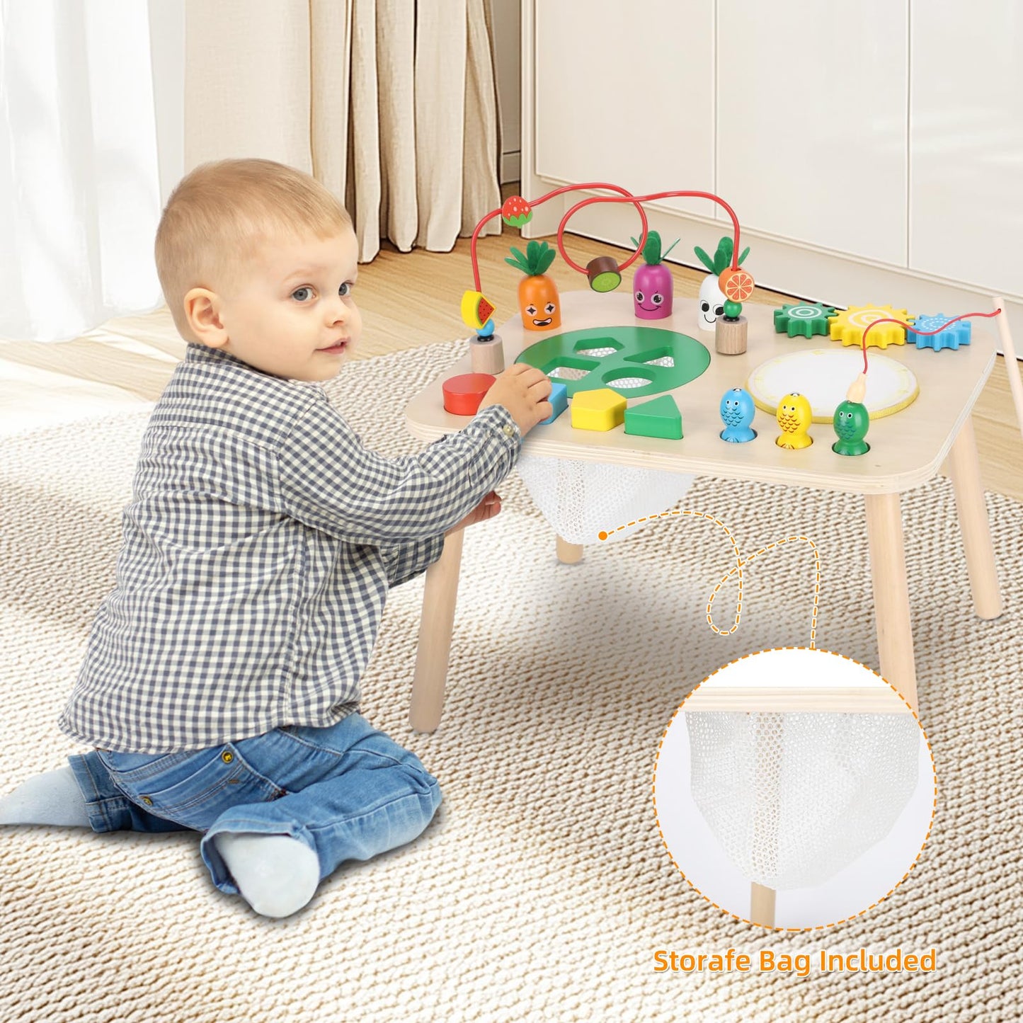 HEYLANDU 7-in-1 Wooden Montessori Activity Table for Toddlers — Drum, Bead Maze, Shape Sorter & More