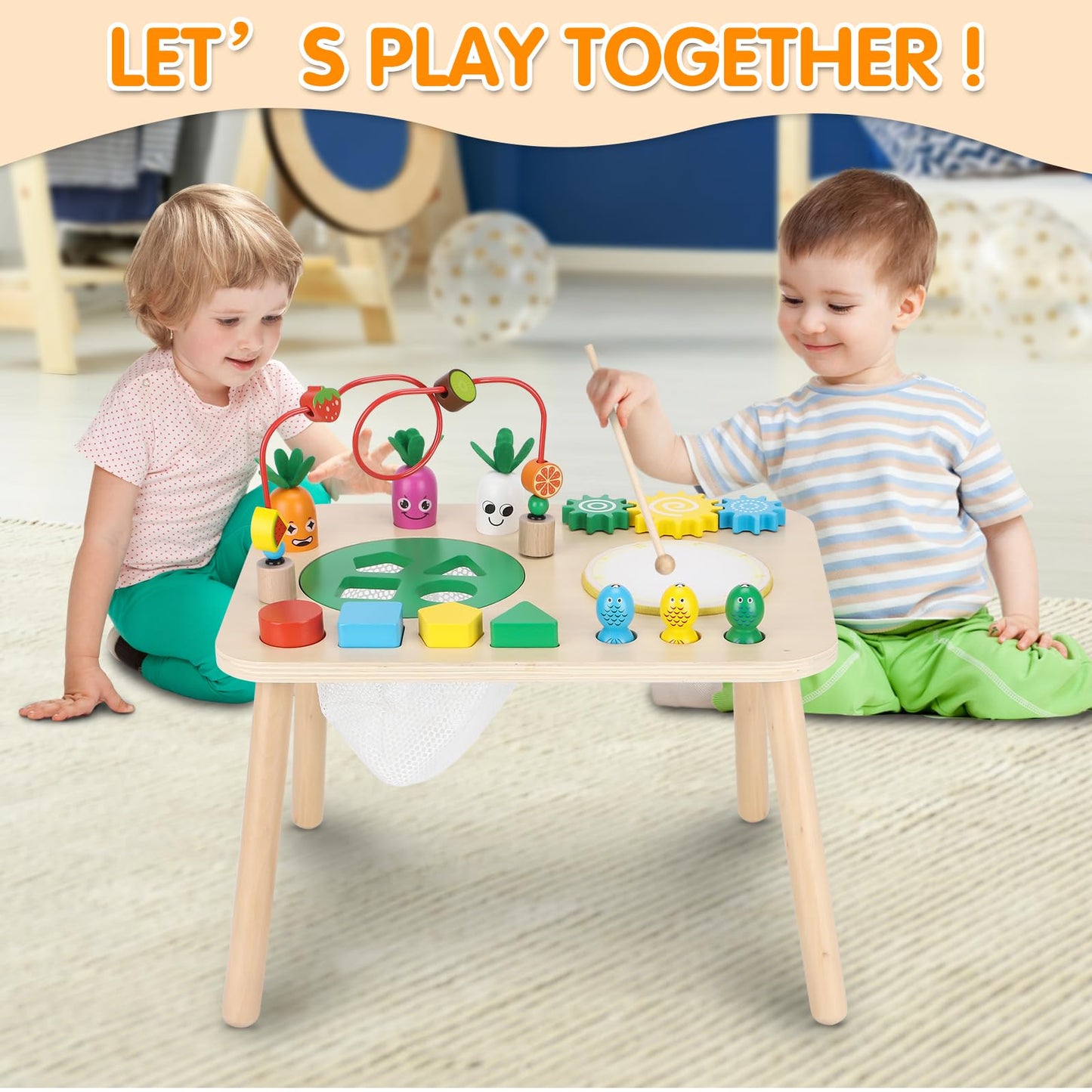 HEYLANDU 7-in-1 Wooden Montessori Activity Table for Toddlers — Drum, Bead Maze, Shape Sorter & More