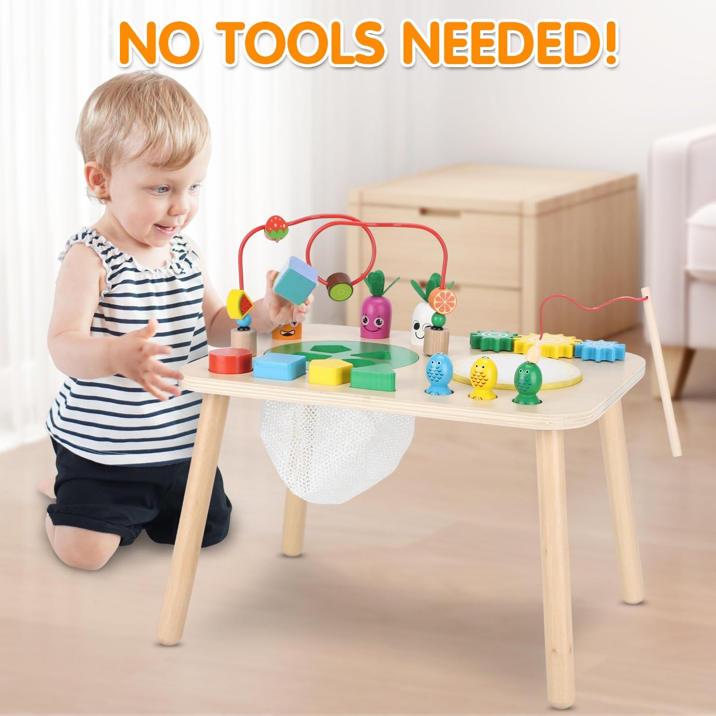 HEYLANDU 7-in-1 Wooden Montessori Activity Table for Toddlers — Drum, Bead Maze, Shape Sorter & More