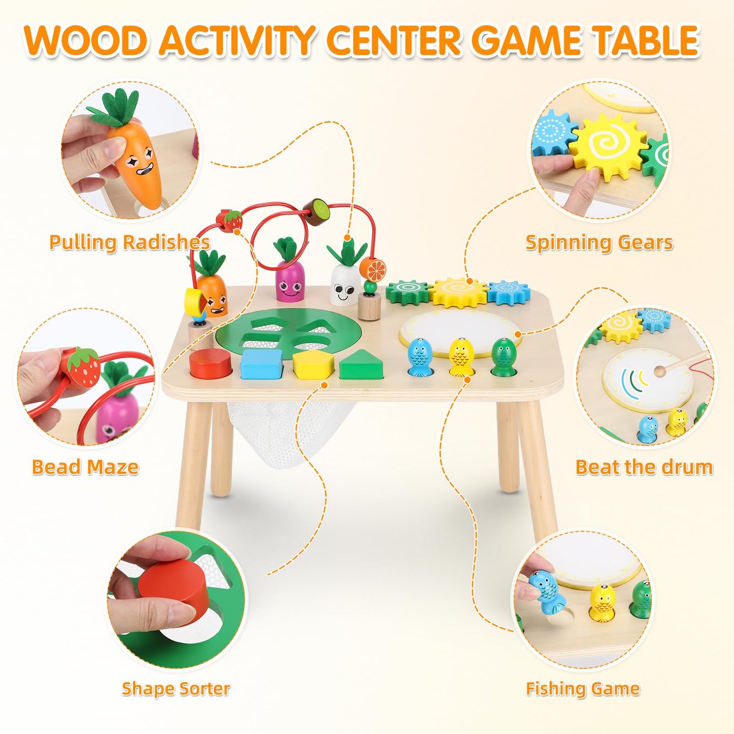 HEYLANDU 7-in-1 Wooden Montessori Activity Table for Toddlers — Drum, Bead Maze, Shape Sorter & More