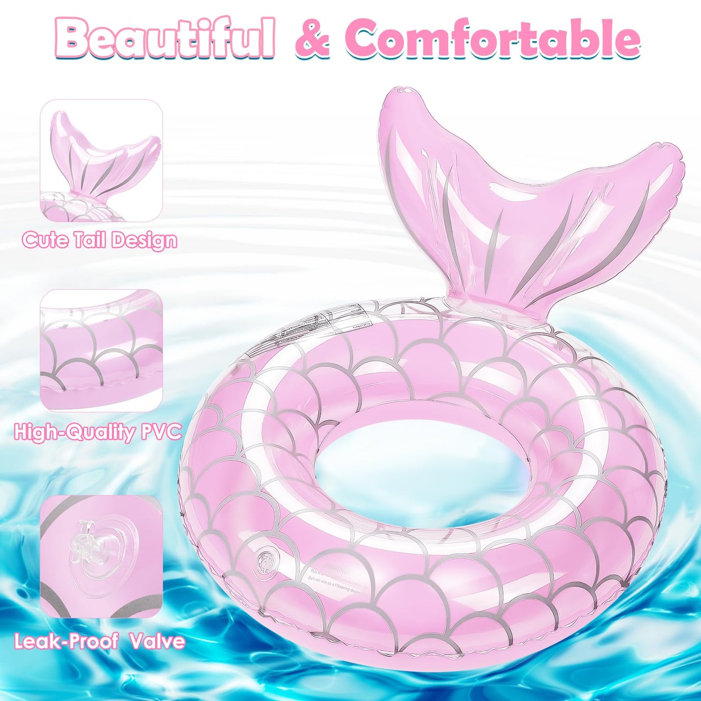 HeySplash Mermaid Tail Pool Float for Kids – Pink Inflatable Ring