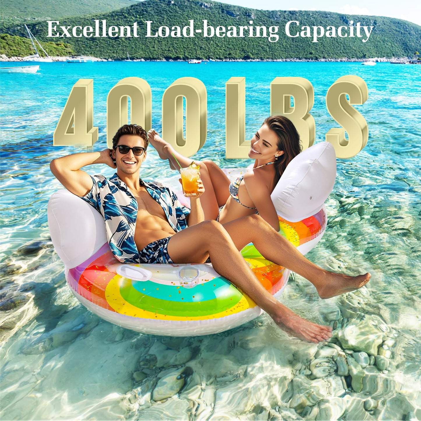 HeySplash Rainbow Pool Float for Adults — 2-Seat Inflatable Lounge with Cloud Backrests