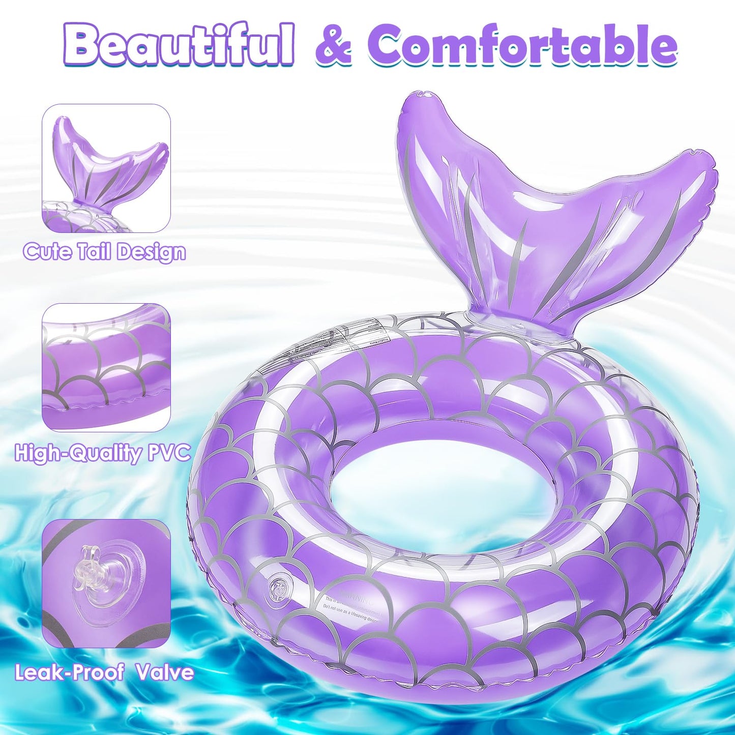 HeySplash Mermaid Tail Pool Float for Kids – Purple Inflatable Ring & Swim Tube