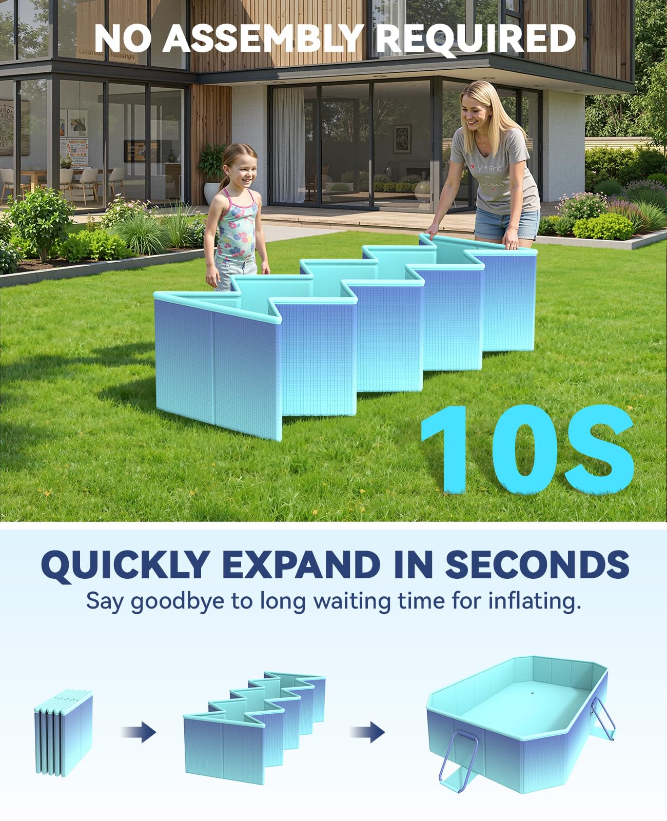HeySplash Foldable Pool — 59.8" by 45.2" by 17.7" Non-Inflatable Rigid Pool (Ice Blue)