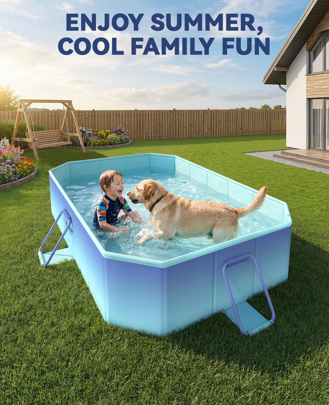 HeySplash Foldable Pool — 59.8" by 45.2" by 17.7" Non-Inflatable Rigid Pool (Ice Blue)