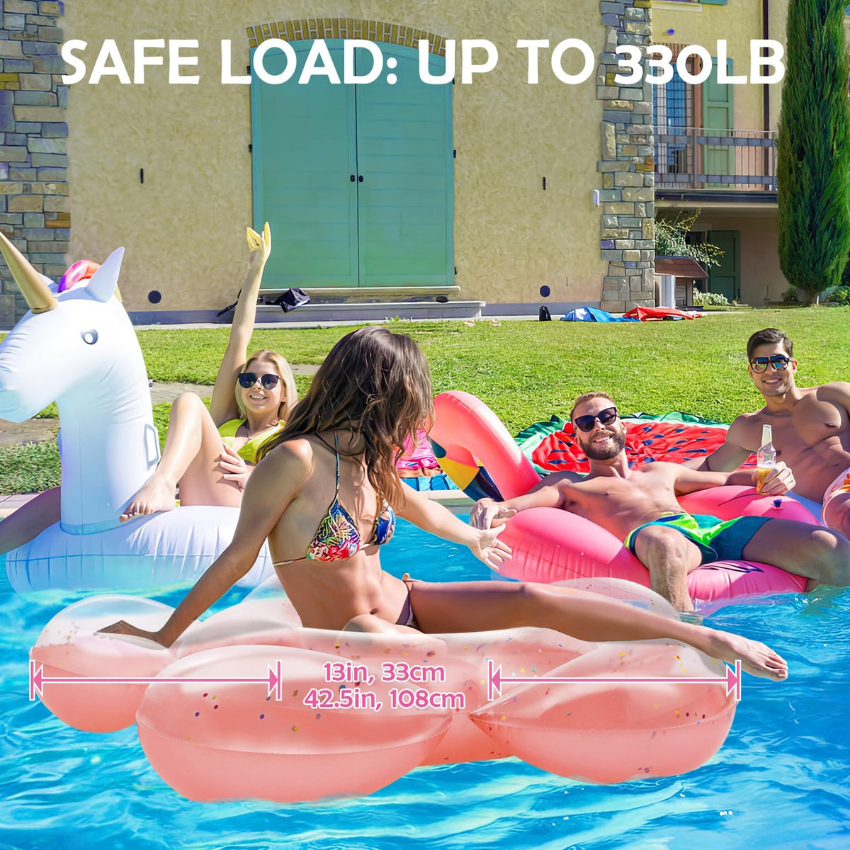 HeySplash Large Pink Glitter Pool Floats for Adults – Inflatable Loungers for Bachelorette & Weddings